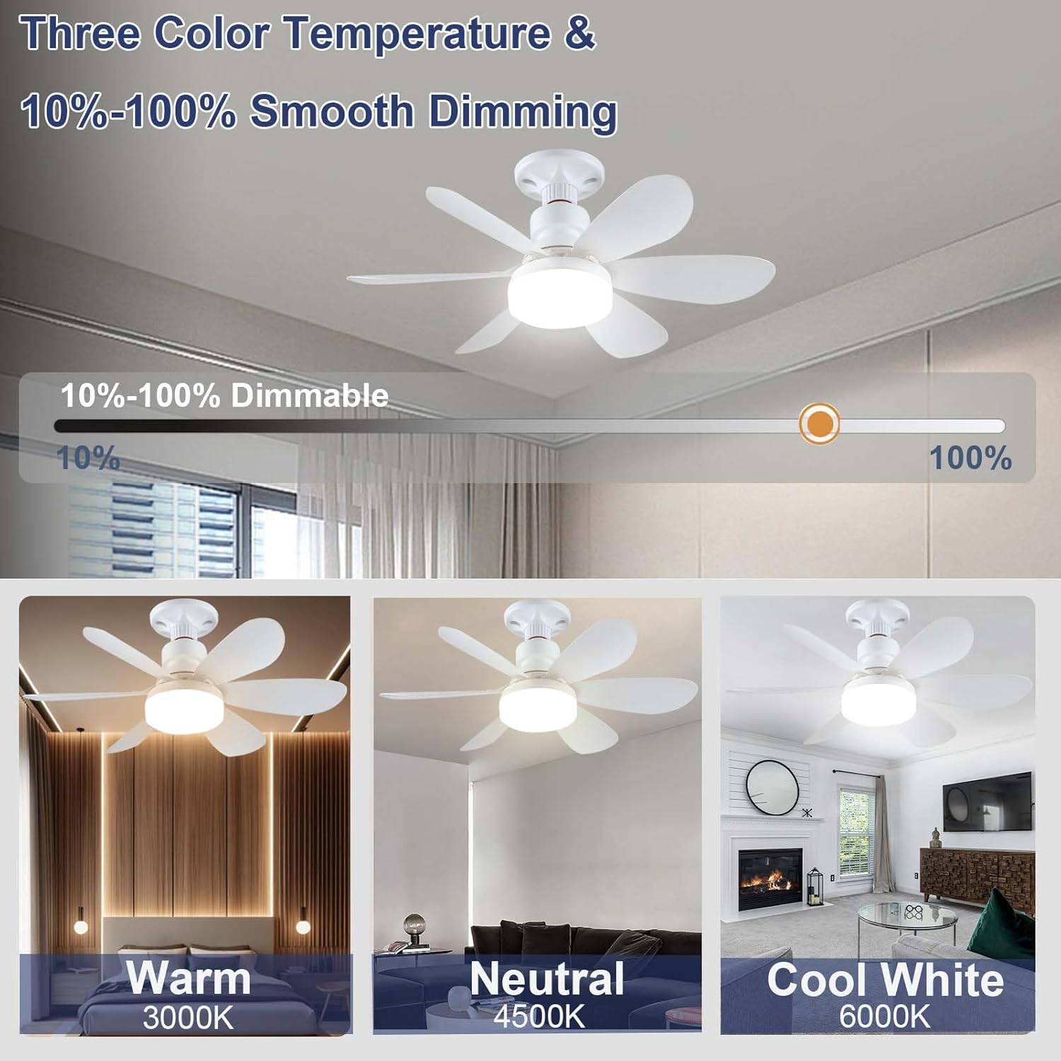 Ventilateur De Plafond Lumiere Avec Telecommande Silencieux Plafonnier Ventilateur De Plafond Port E27 Dimmable Ventilateur Lumineux,52CM,blanc - 3