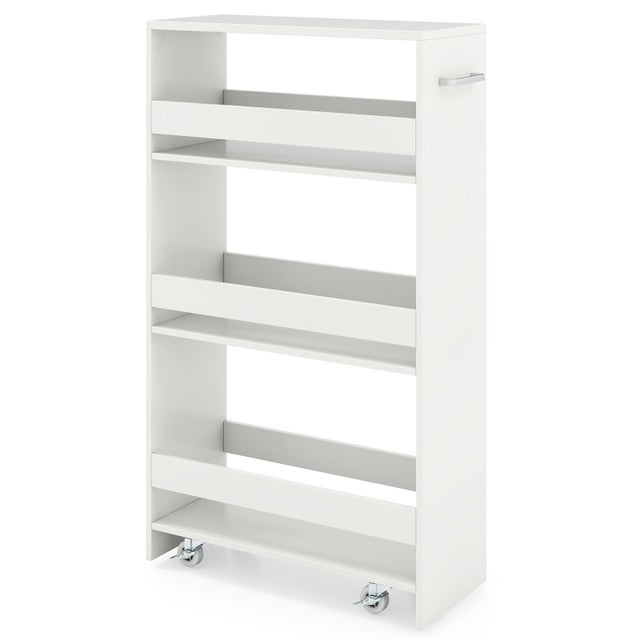 Chariot de Rangement Largeur 20 cm à roulettes, Desserte de Cuisine à 4 Niveaux, Poignée Latérale et Roues Universelles avec Freins (Blanc+Blanc)