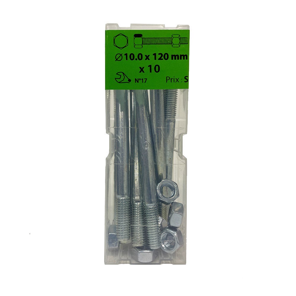 Boite 10 vis 10 x 120mm tête hexagonale + écrou classe 8.8 zingué ...