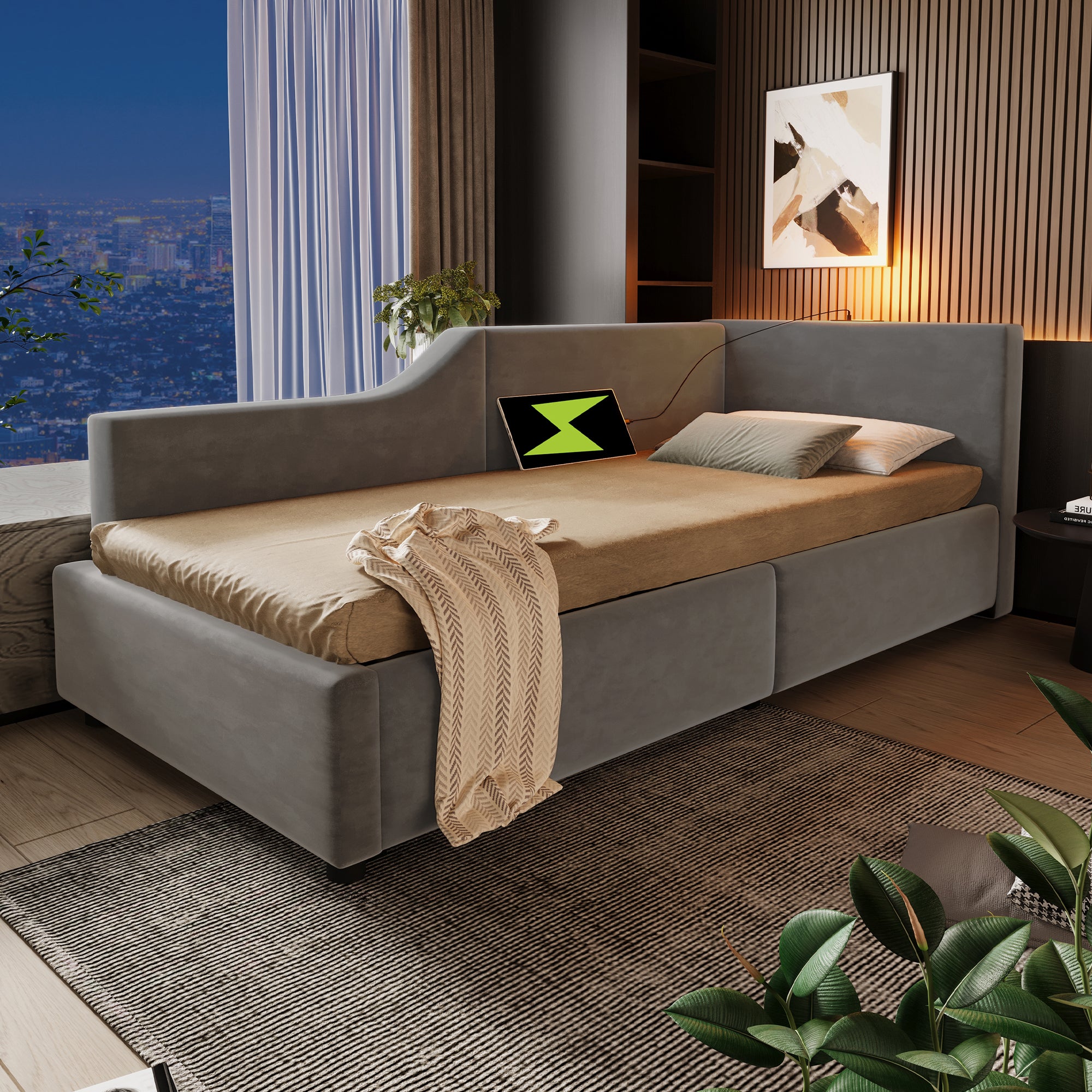 Sofa-łóżko dla dzieci 90x190 cm, z lampką do czytania i ładowarką USB-C, aksamitna, szara