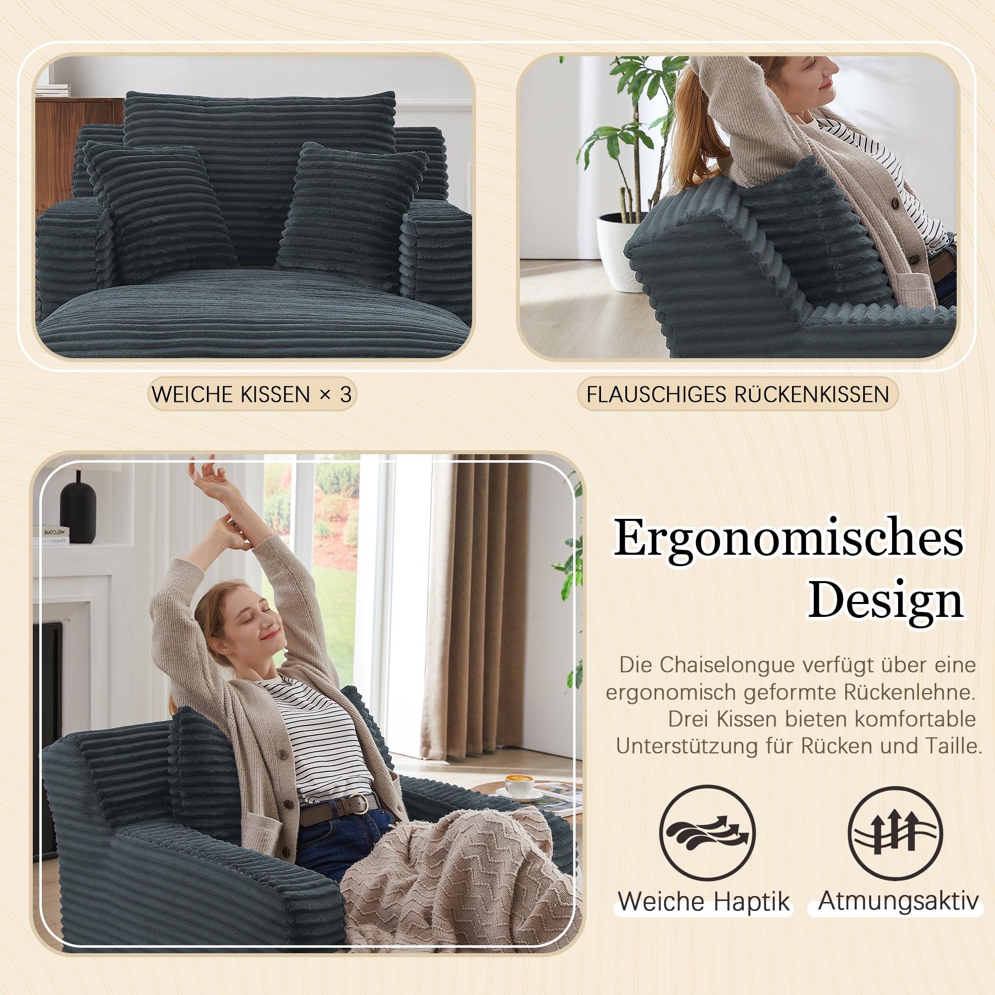 Canapé lit 3 en 1 méridienne et inclinable, velours côtelé confortable - Prêt à l'emploi, idéal petit espace - Couleur - Gris - 3