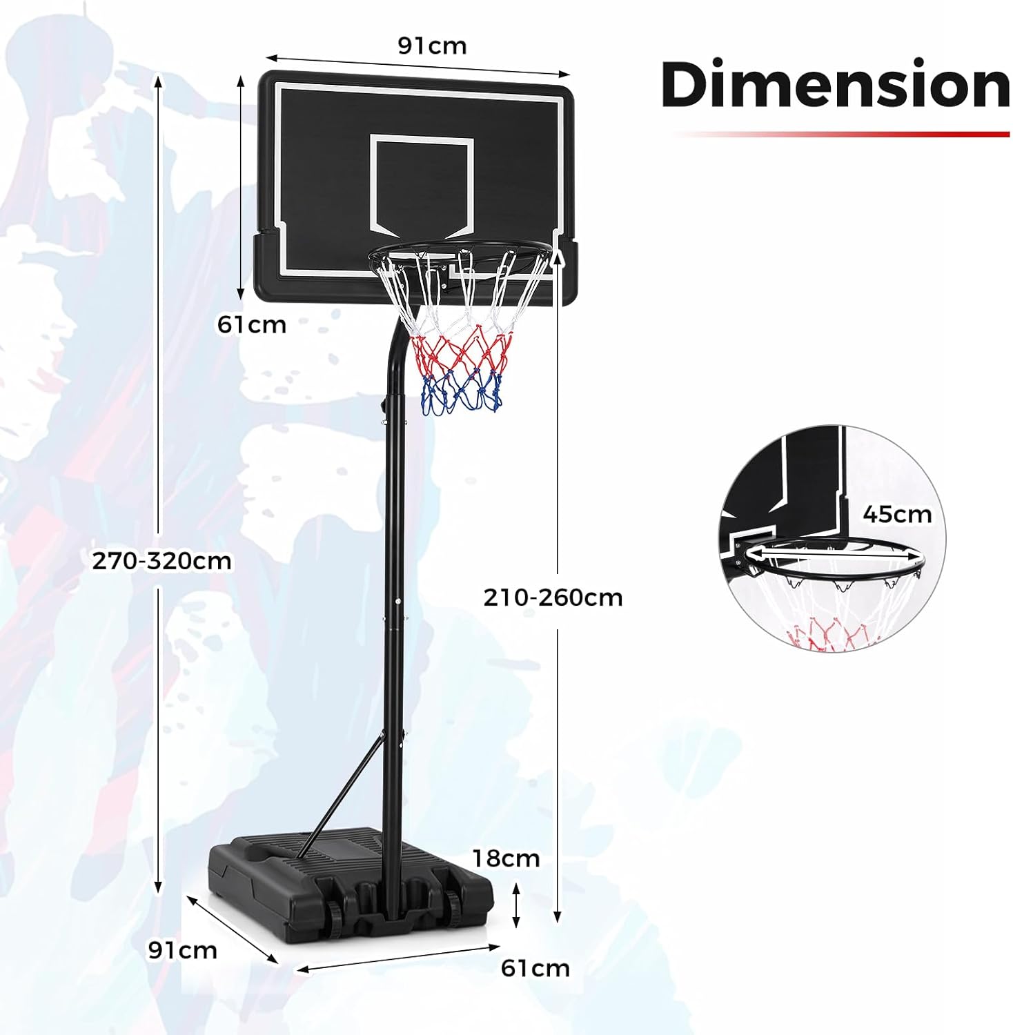 Canestro da Basket Portatile e Regolabile da 2,1 a 2,6 m, Canestro da Basket da Interno e Esterno con Base Riempibile, Tabellone in Policarbon - 5