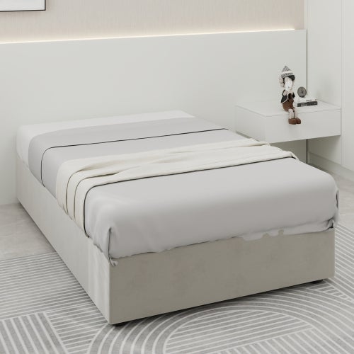 Minimalistyczna rama łóżka 90x200 cm, wyposażona w sprężyny gazowe, bez zagłówka i materaca, beżowa