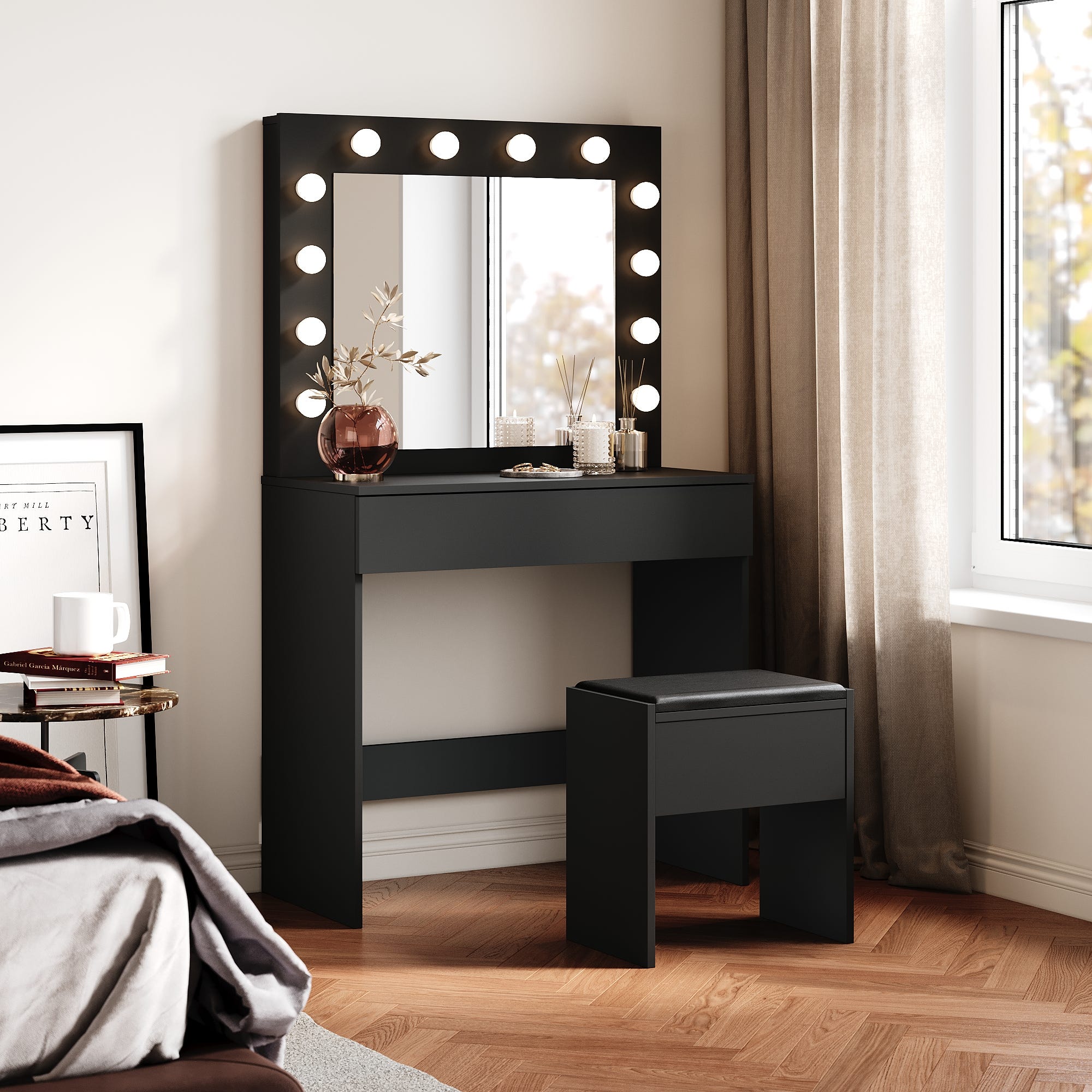 SIRHONA Ensemble de Coiffeuse 80x40x140 cm Noir avec Miroir et Tabouret ...