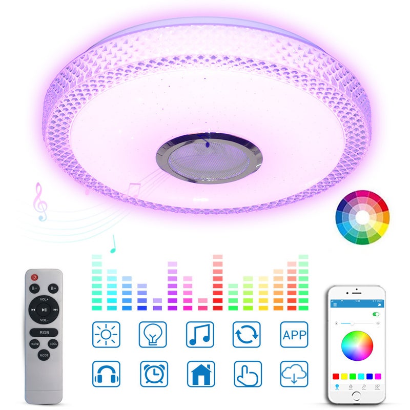 Lampa sufitowa, okrągła lampa sufitowa, z pilotem i inteligentnym sterowaniem APP, 16 kolorów RGB i głośniki, timer i ciągłe ściemnianie