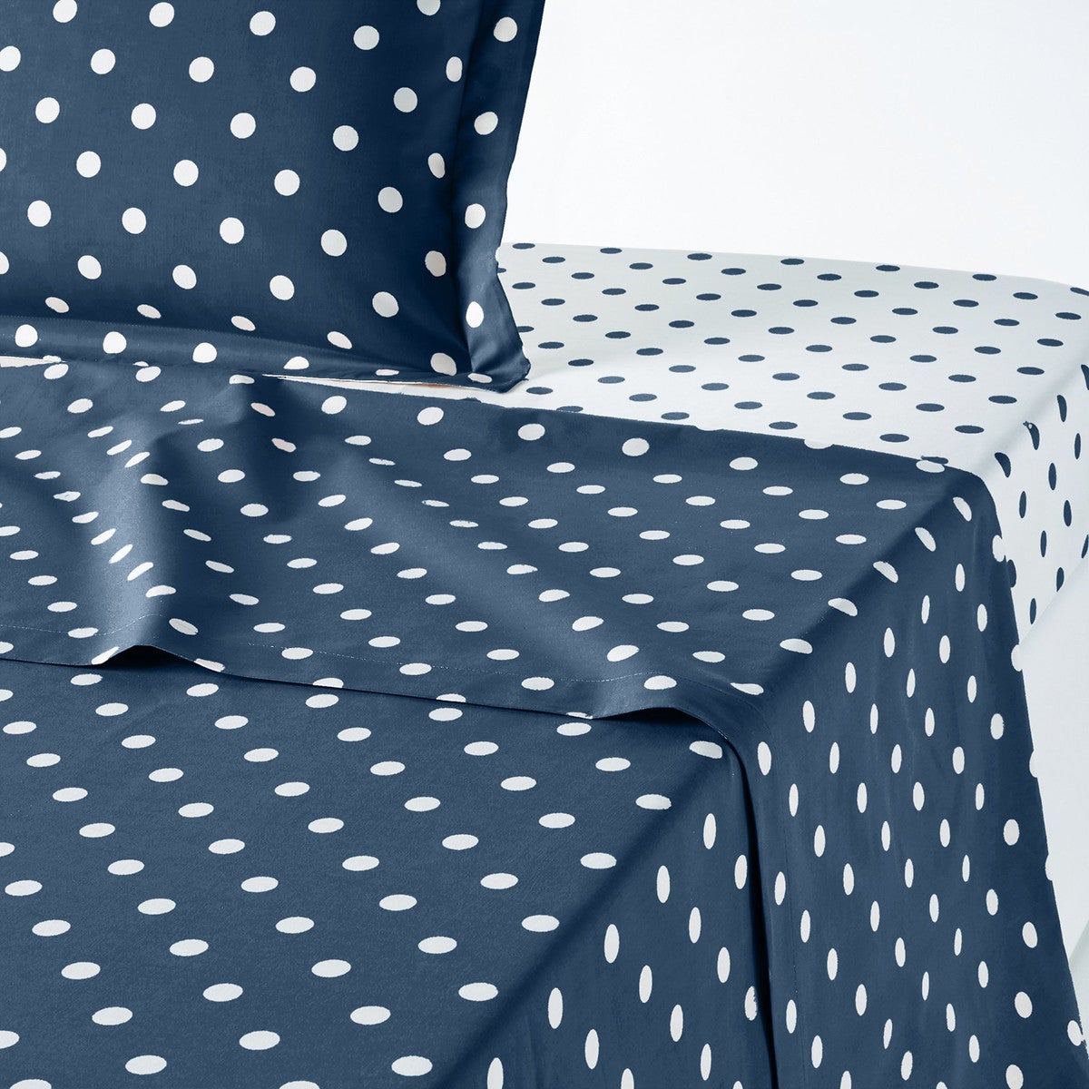 Drap pur coton imprimé pois, Clarisse - Blanc/bleu pétrole - 150 x 250 cm - 2