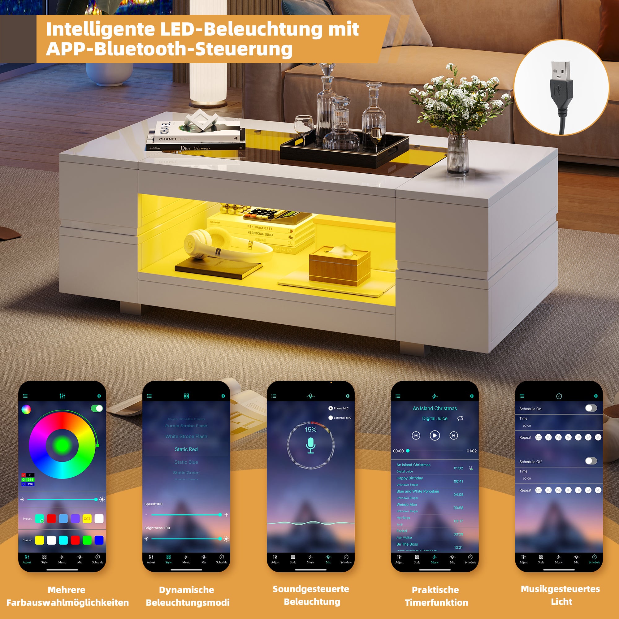 Stolik kawowy z otwartą przegrodą - 100 x 50 x 35 cm - diody LED - płyta wiórowa i szklany blat - biały - 5