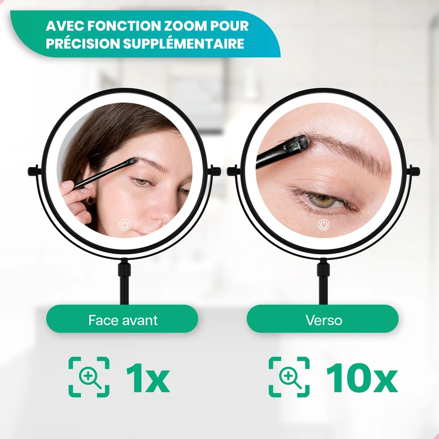 Mirlux Miroir de maquillage avec éclairage LED - Grossissement x10 - Hauteur réglable - 3 intensités lumineuses - Rechargeable - Noir - 7