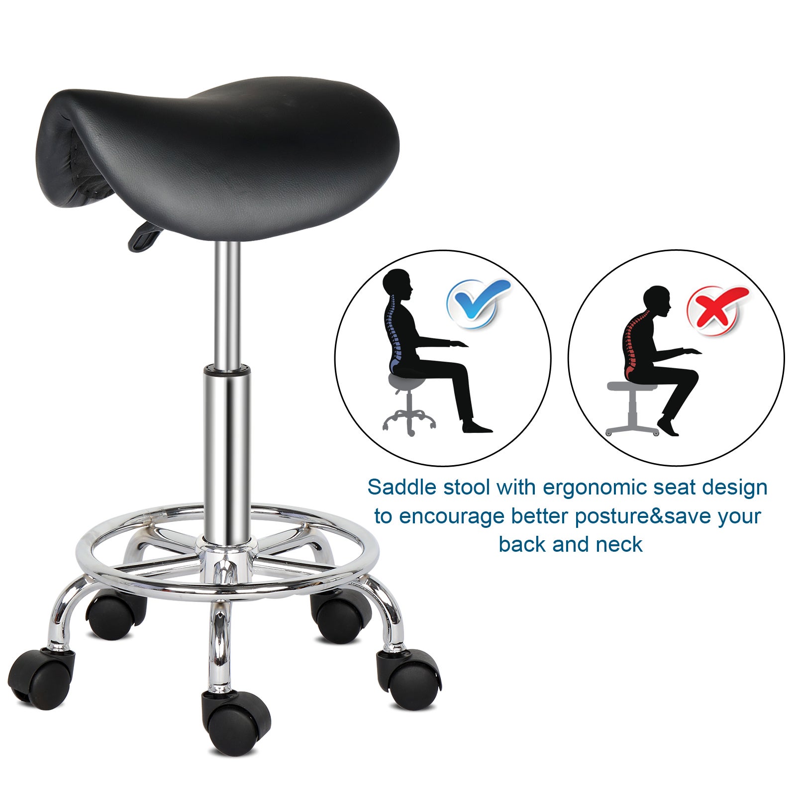 Tabouret bar Tabouret de Technicien en Similicuir avec Vérin à Gaz Certifié SGS,Roulettes en Nylon,150 kg,Noir,Assise en Forme de Selle Meuble cuisine - 4