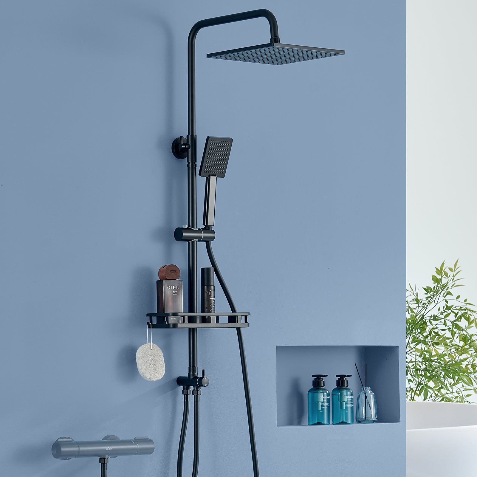 Colonne Douche Inox,Réglable Hauteur Ensemble Douche Murale avec Étagère Douche Set kit Douche sans Robinet avec Pommeau Douche Carré 25.5cm,Noir - 2