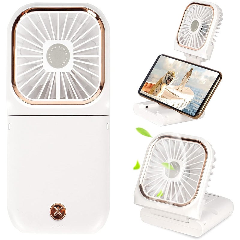Mini wentylator przenośny w 1 z powerbankiem, ładowaniem przez USB, 3000 mAh, 3 regulowanymi prędkościami, paskiem na szyję, biały