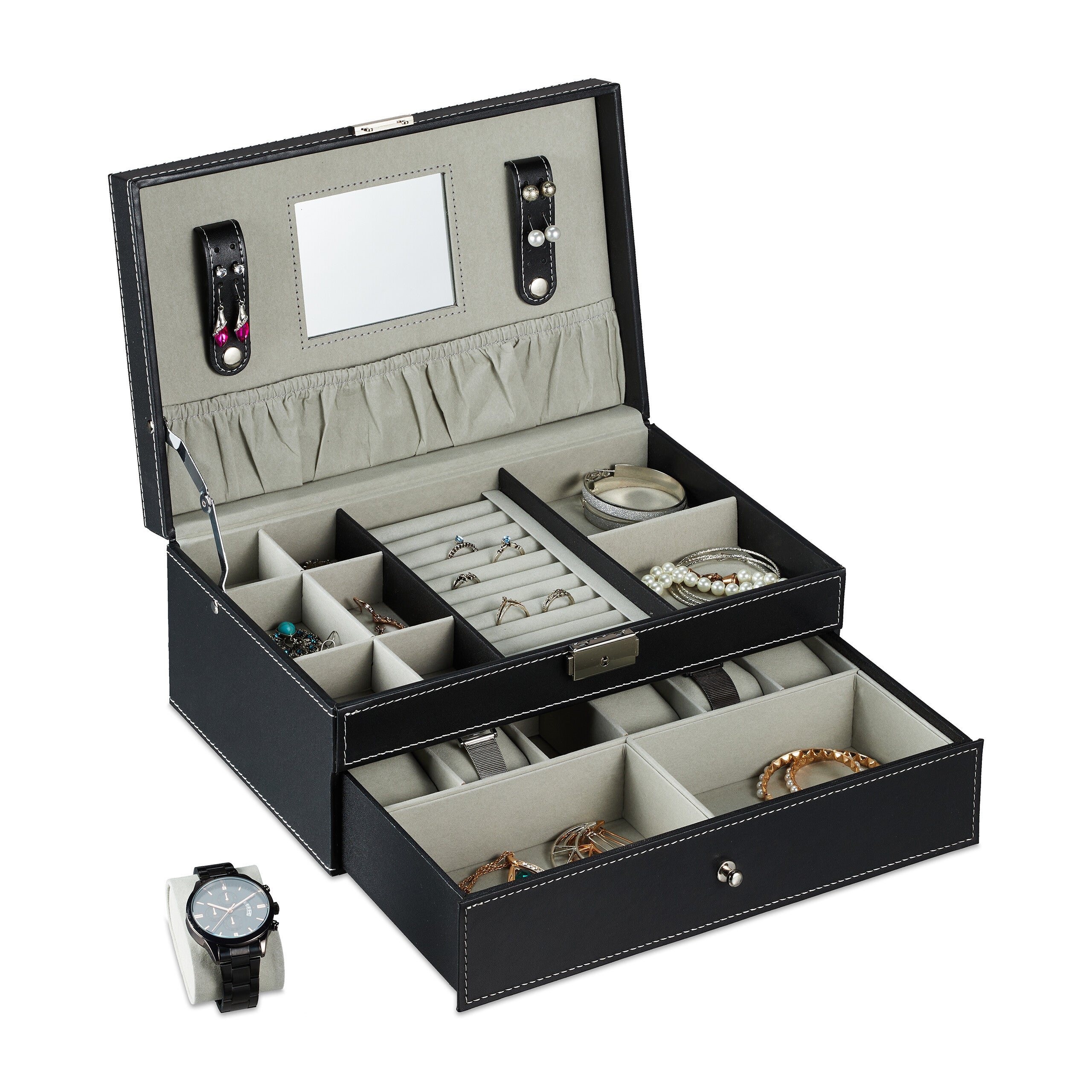 Portagioie Da Viaggio Pieghevole A Rotolo - Organizzatore Per Collane, Orecchini E Anelli - Nero Con Interno Pesca - Foto 7