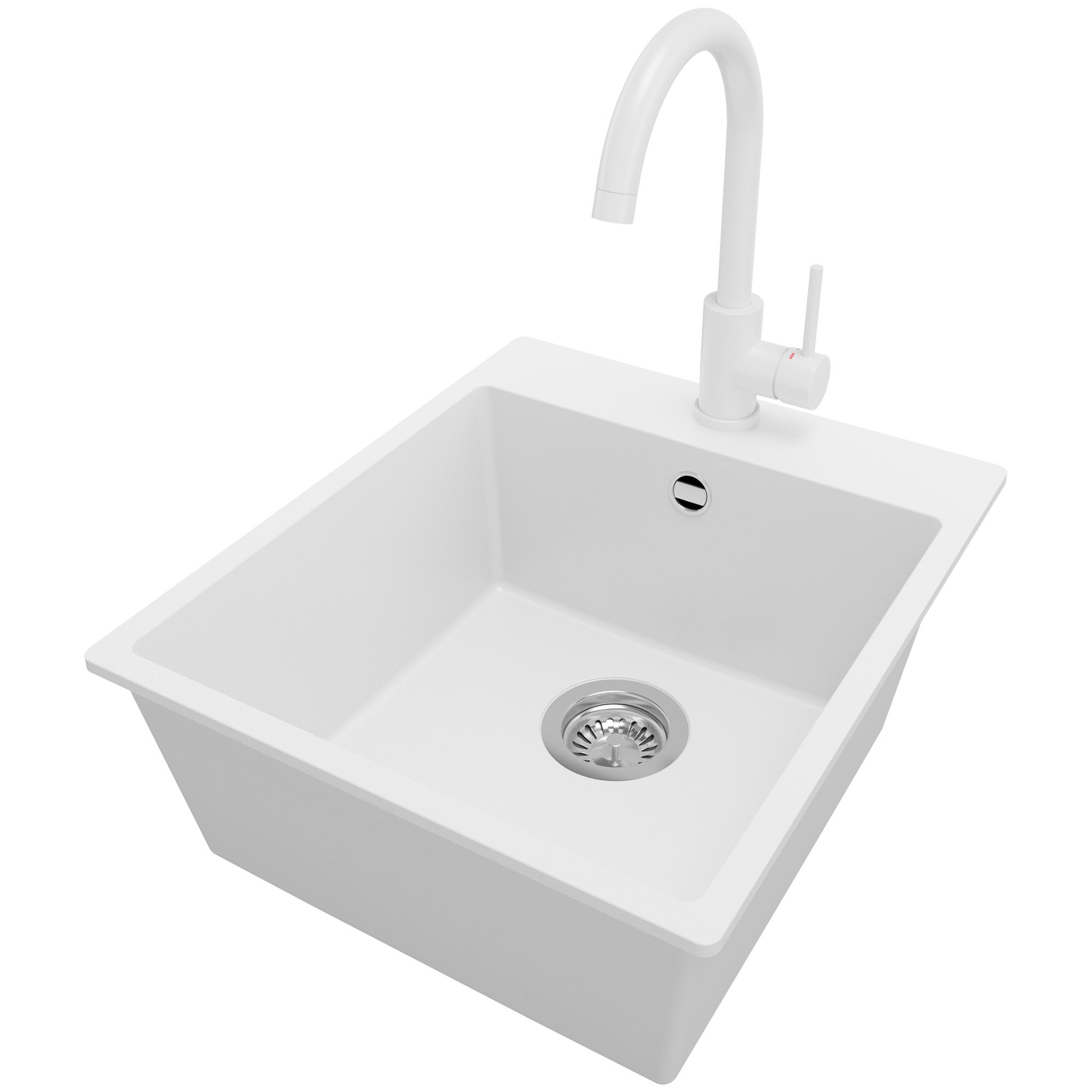 Zlewozmywak Granitowy Biały 43x50cm, Zlew Kuchenny 1 Komorowy + Bateria 32x20cm + Syfon, Nablatowy do szafki od 45cm - Ryga PRIMAGRAN