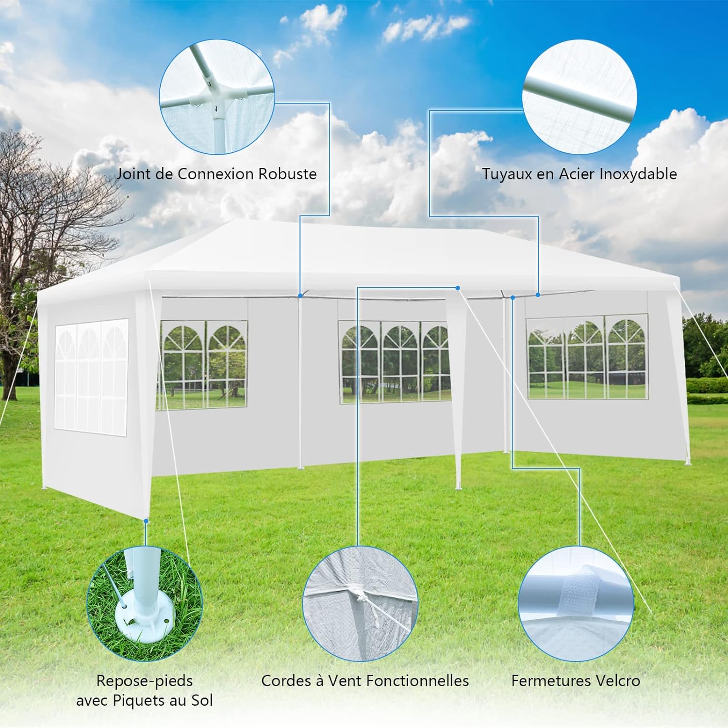 3 x 6 m carpa de jardín con ventanas, tienda de recepción protección contra el sol y la lluvia, carpa de cenador para acampada (3x6m, 4 lonas - 2
