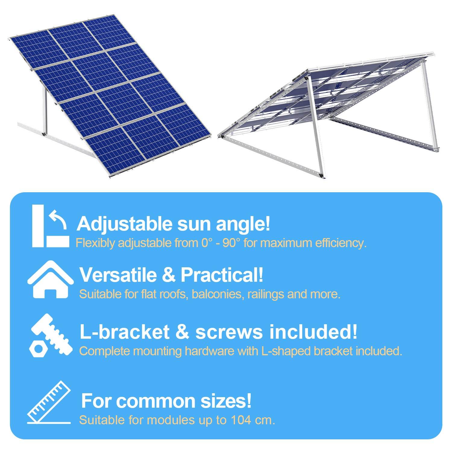 Supporti Per Pannelli Solari Da Tetto Piatto 118 Cm - Angolo Inclinabile Regolabile (2 Paia)