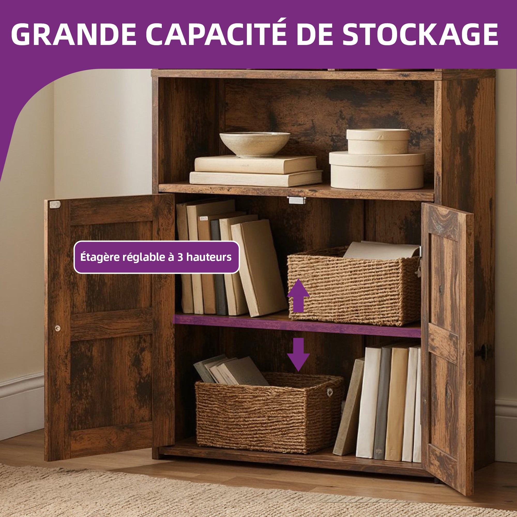 Balconera Bibliothèque à 4 étagères - avec portes et placards - avec compartiments ouverts - marron rustique - 60 x 30 x 159 cm - 5