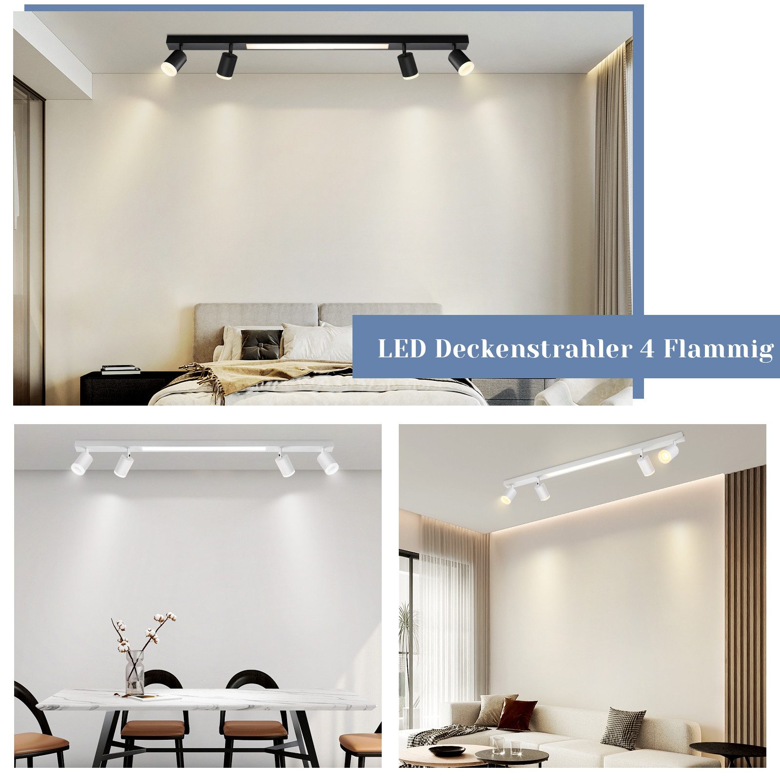 NETTLIFE Plafón LED 4 bombillas regulables 38W blanco con mando a distancia 3000K-6500K orientable 350° - 8
