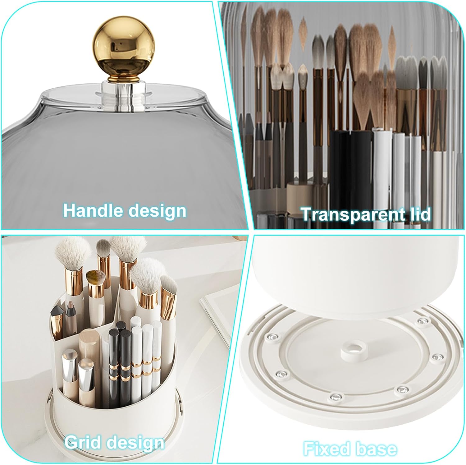 Organisateur de brosse de maquillage transparent anti-poussière rotatif à 360 ° avec couvercle pour coiffeuse salle de bain chambre (transparent) - 2