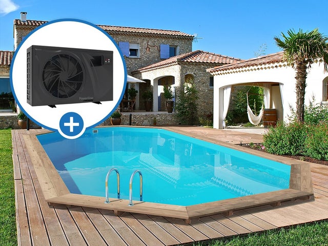 Piscine hors sol bois, Palma 130, 7.57 x 4.07 x 1.31 m + Pompe à chaleur pour piscine 6 kw/h inverter PowerLine by Hayward