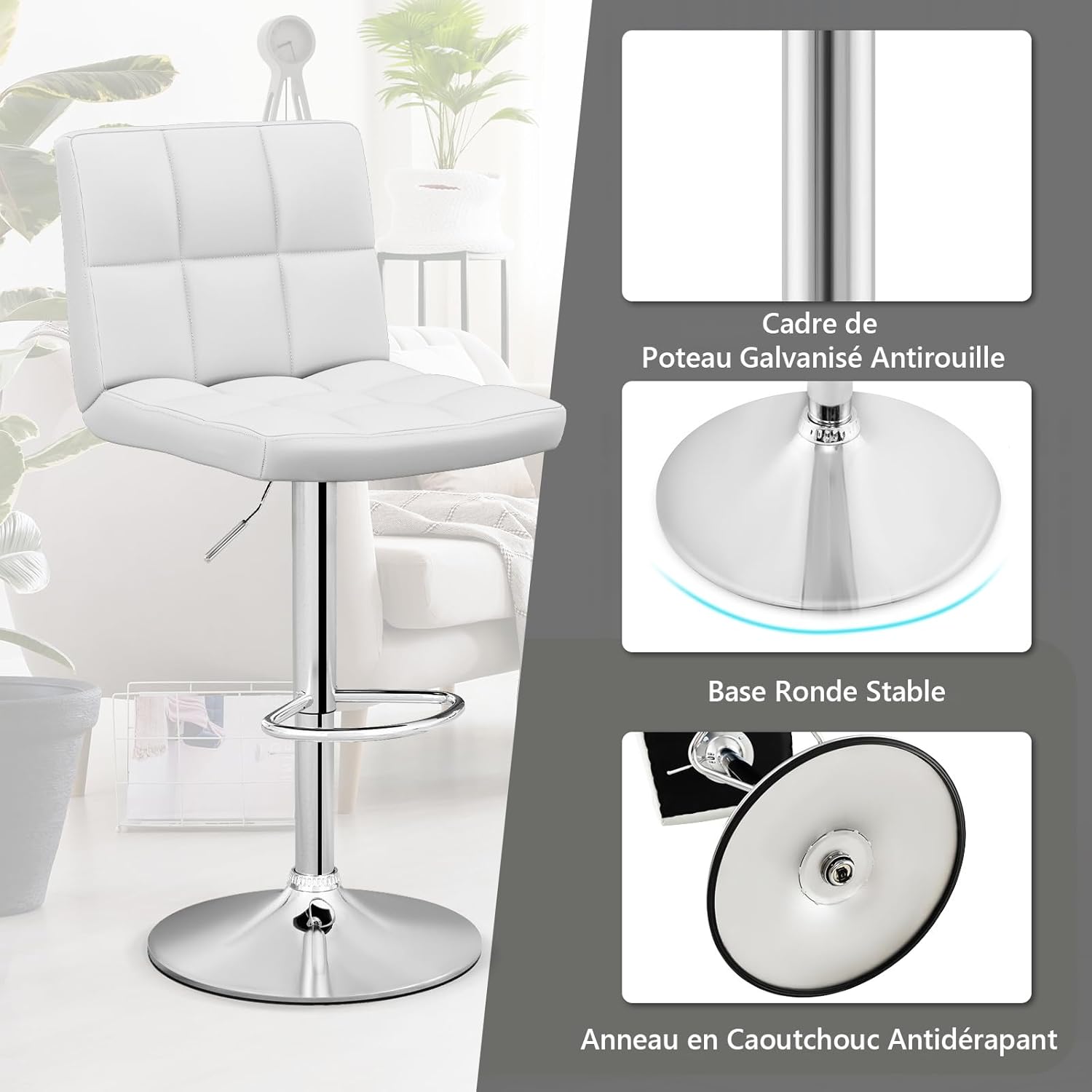 Set Sedie da Bar in Ecopelle con Altezza Regolabile, Seduta Girevole a 360°, Poggiapiedi e Base Metallica Antiscivolo, Sgabelli da Pranzo per - 7