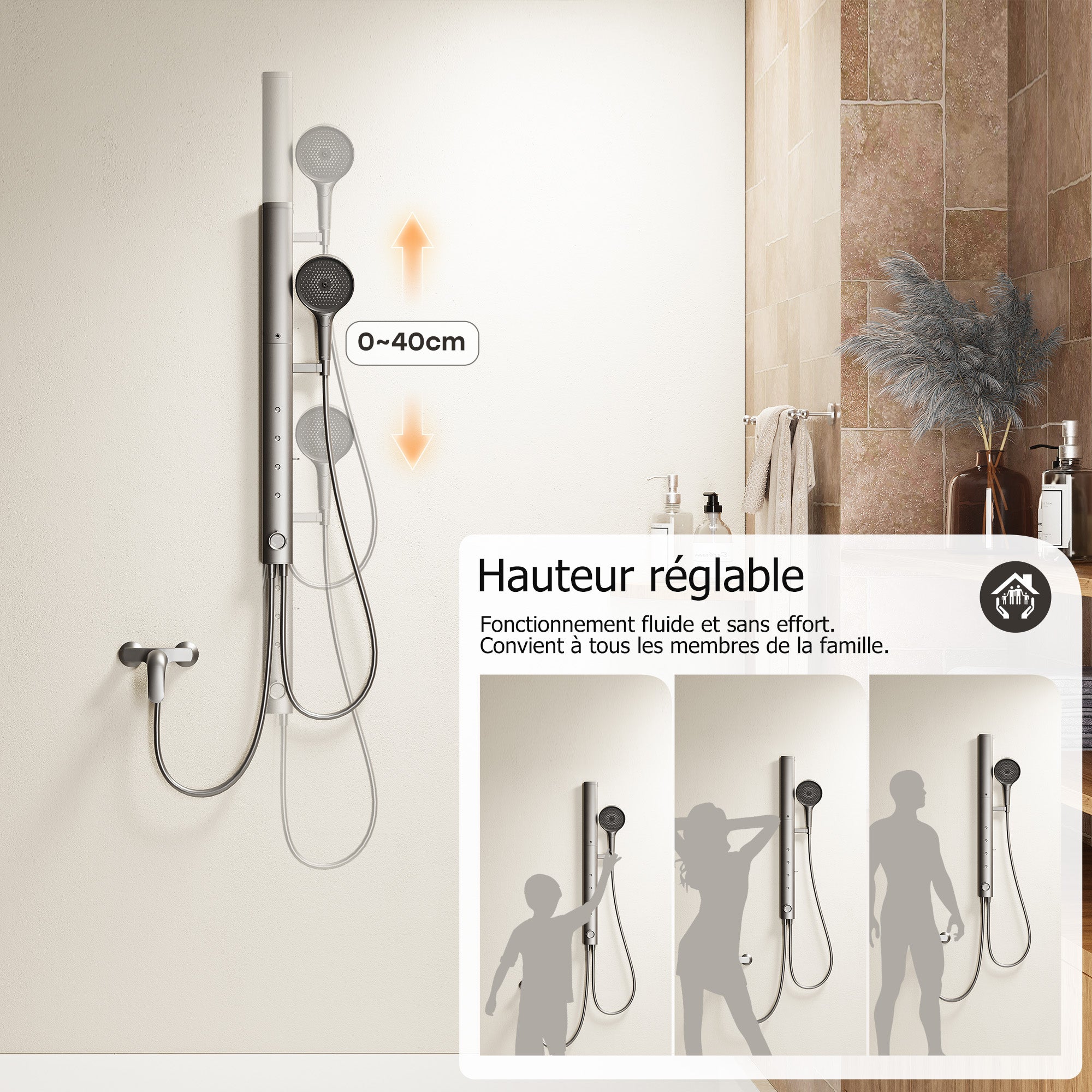 HOROW Ensemble de douche à effet pluie gris, 4 modes de massage, pliable, réglable en hauteur, robinet non inclus, se puede utilizar con la bañera - 5
