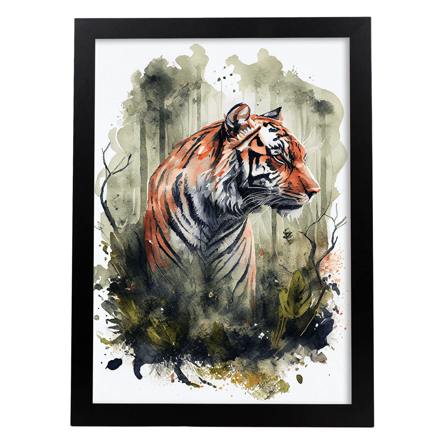Nacnic poster de tigre en estilo acuarela ilustraciones a todo color de animales salvajes en la naturaleza y modelo 1 a4 con marco negro