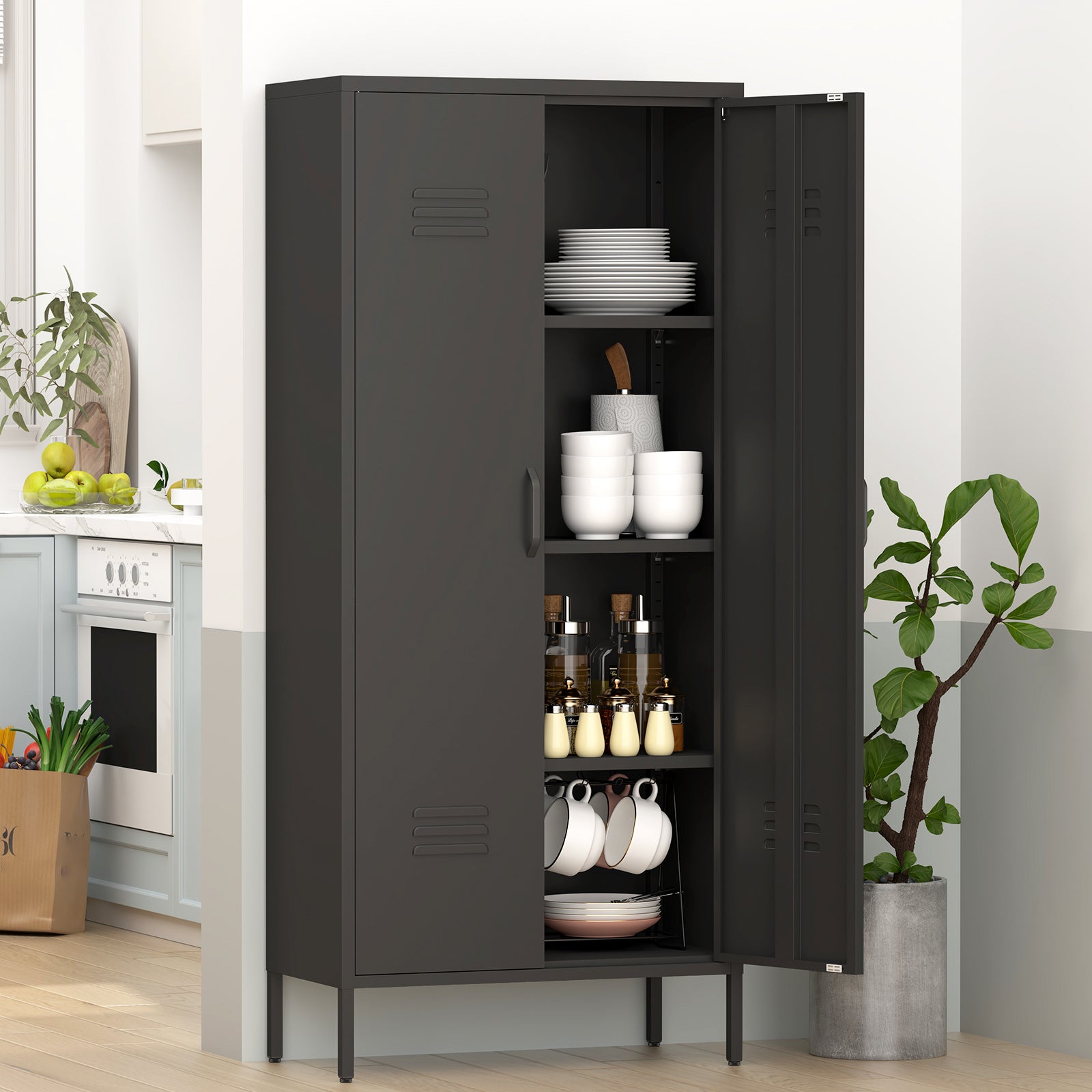Armario alto de metal negro con 2 puertas y estantes ajustables, armario utilitario multifuncional para oficina en casa, cuarto de servicio y garaje. - 2