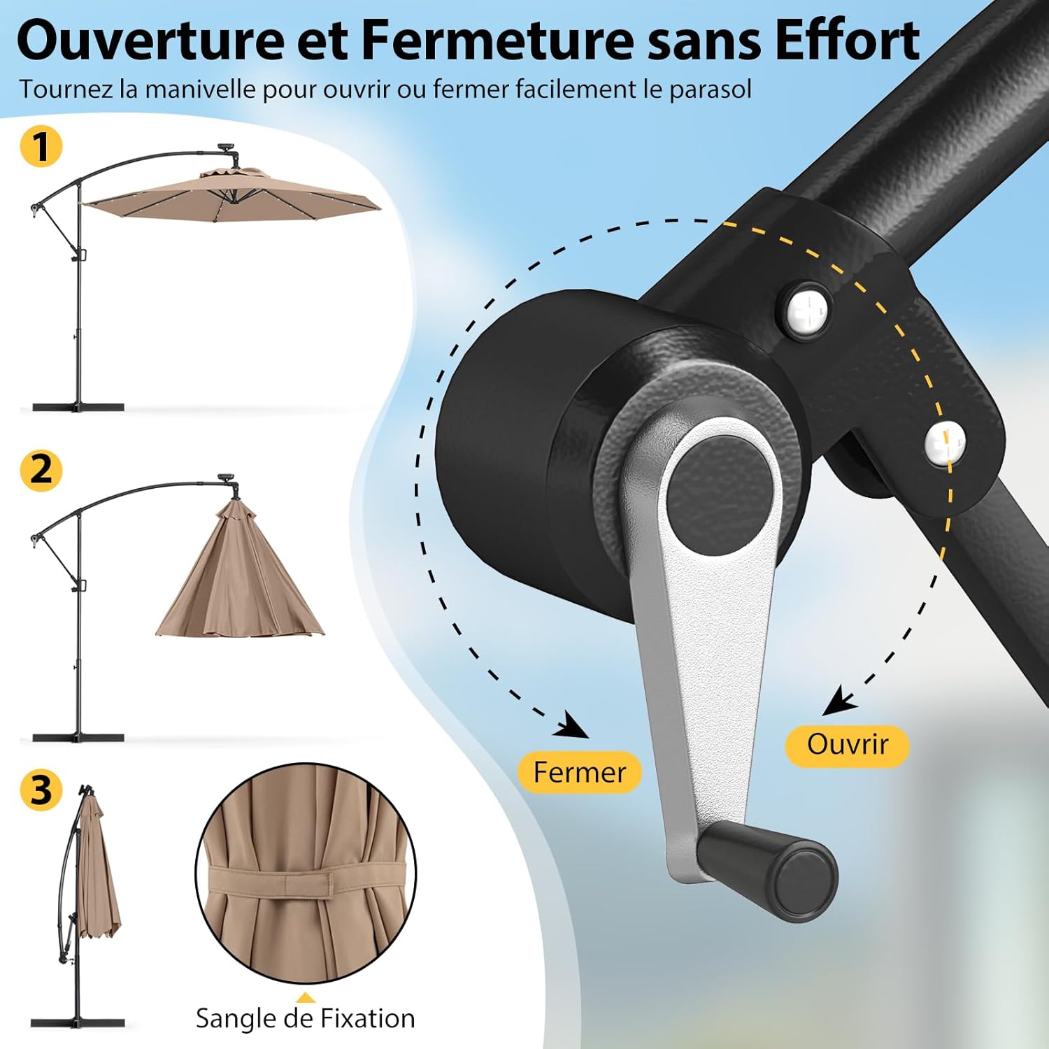 Parasol Déporté 3M avec 32 LED Solaires, Parasol de Jardin 8 Baleines avec Tissu Protection Solaire, Parasol Inclinable Rotatif à 360° (Brun) - 5