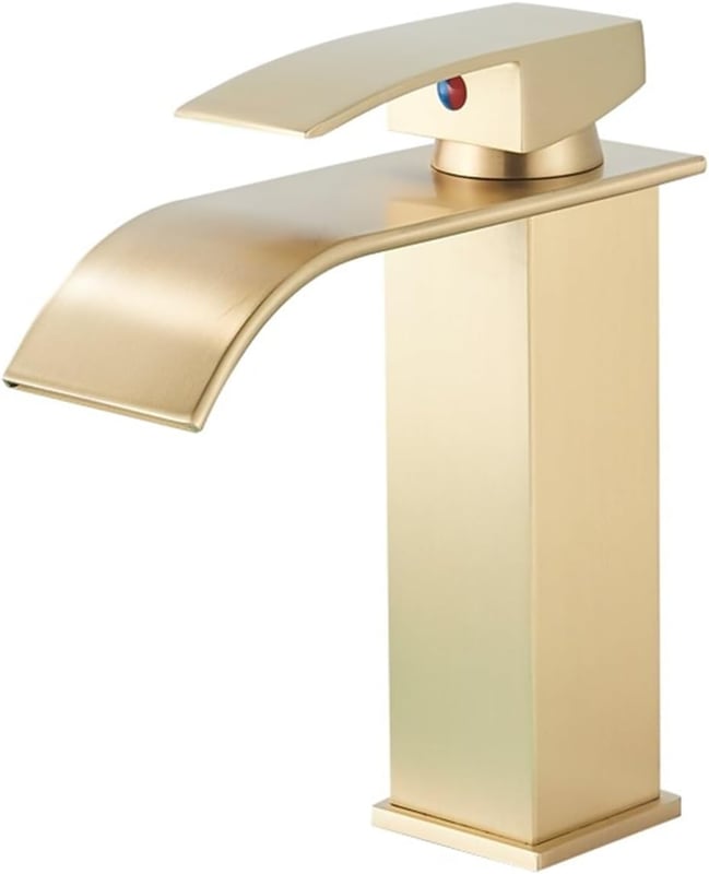 Złoty kran zlewozmywakowy typu wodospad, montaż na blacie, mieszacz wody ciepłej i zimnej, jeden otwór, jedna dźwignia, rdzeń aluminiowy