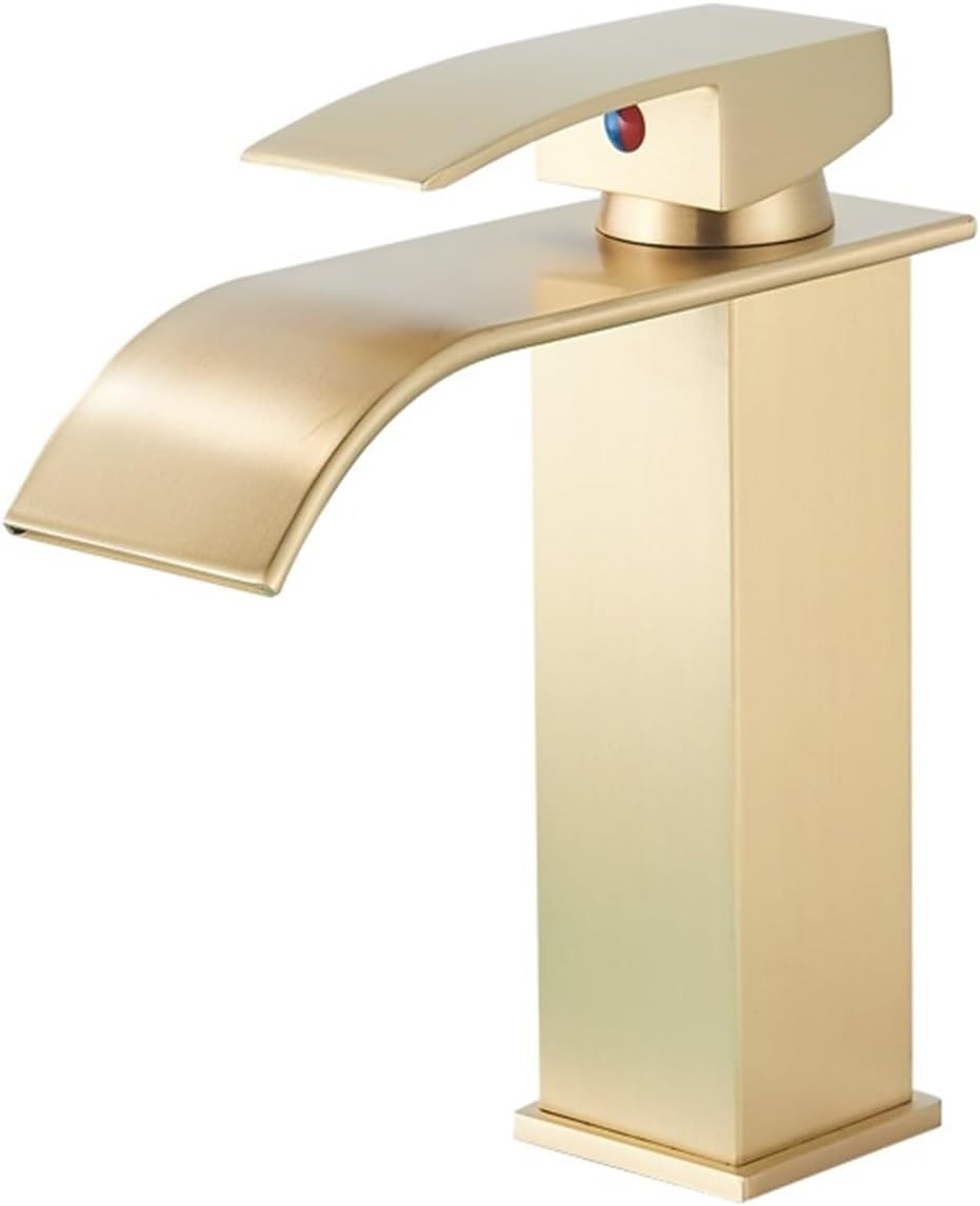 Złoty kran do umywalki łazienkowej typu wodospad, bateria mieszająca wodę ciepłą i zimną, bateria jednouchwytowa z jednym otworem