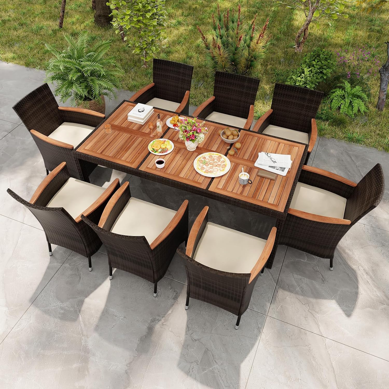 Conjunto de 1 mesa e 8 cadeiras empilháveis, com orifício para guarda-sol, conjunto de móveis de jardim em rattan com braços largos, - 2