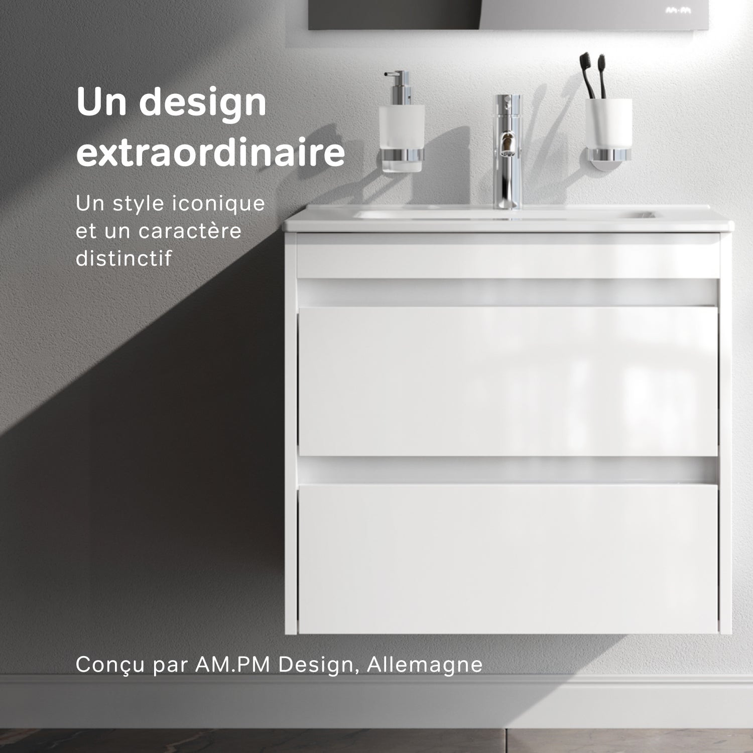 Meuble salle de bains avec Vasque en Céramique Meuble simple vasque suspendu 60cm effet bois clair avec lavabo intégré, 2 tiroirs, design, Blanc AM.PM - 2