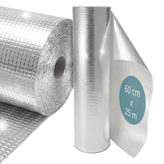 Film réfléchissant isolant 0,6 x 25 m, coussin d'air 4 mm, pour toit, murs et fenêtres, aluminium argenté, relaxdays