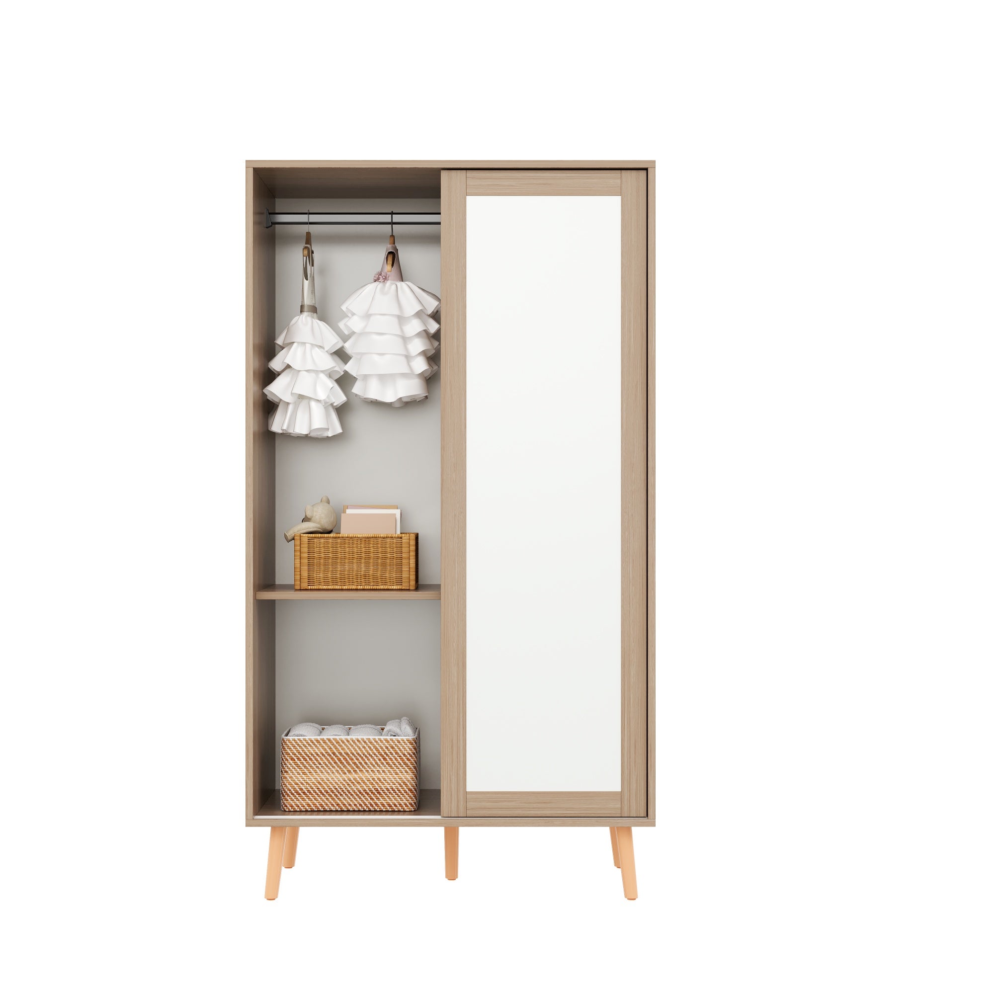 Ensemble armoire à portes coulissantes + armoire ouverte - Bois massif + MDF - pour chambre d'enfant - Blanc et naturel - 9