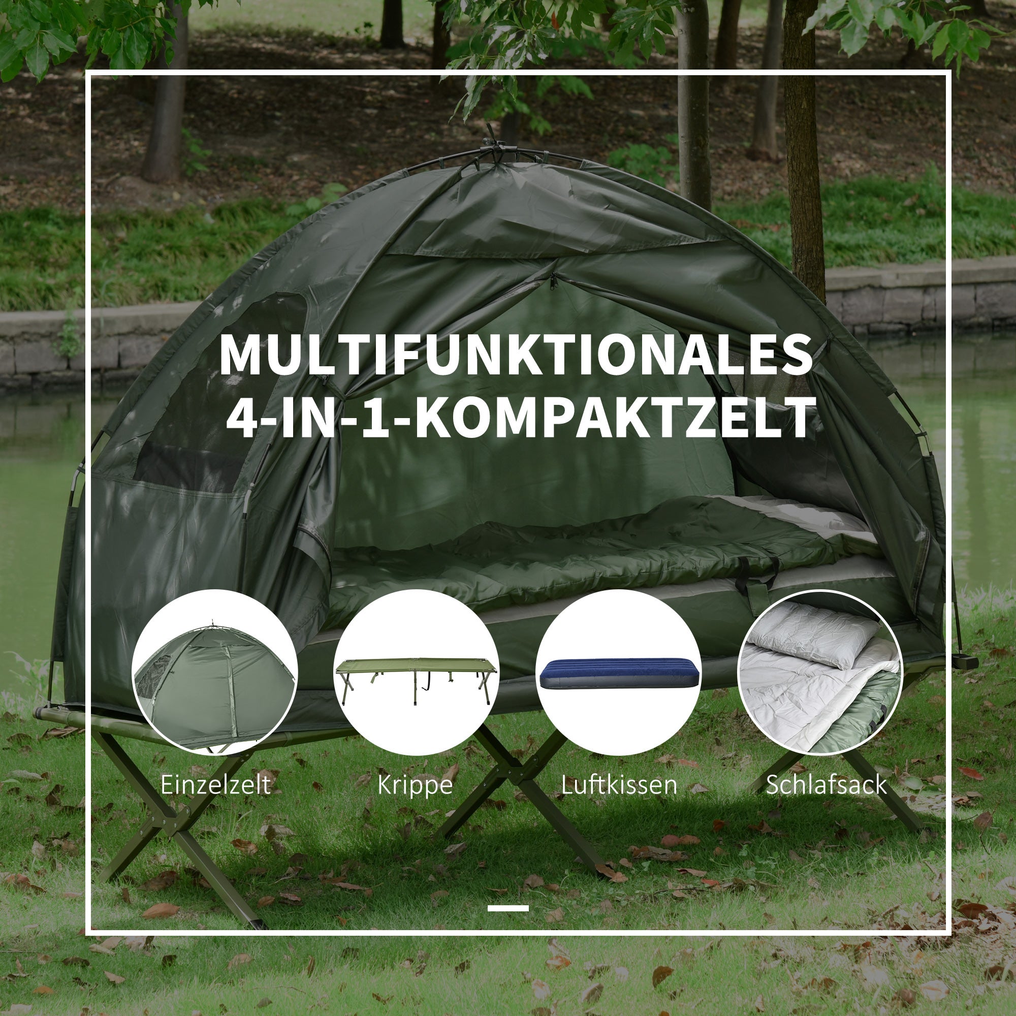 Ensemble tente de camping avec lit de camp, et matelas, vert foncé - 6