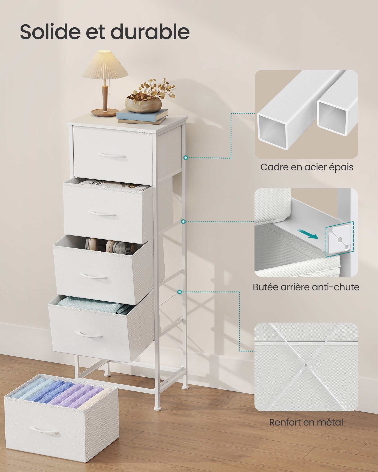 Commode 5 Tiroirs, Meuble de Rangement pour Chambre, Acier, Panneau MDF, Tissu non-tissé, pour Couloir, Entrée, Salon, Blanc Nuage et Blanc Neige - 6