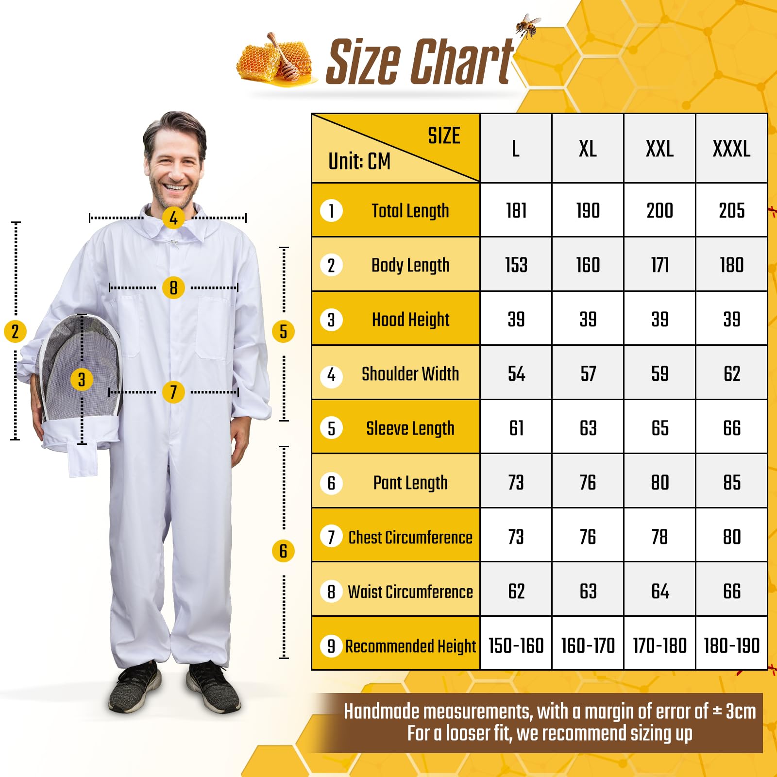 Combinaison apiculture tout corps avec capuche et voile, manteau protection apiculteur en coton, costume apicole anti-guêpes (XL) - 3
