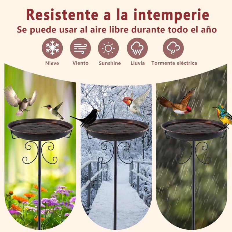 Bebedouro para pássaros em metal com suporte, acabamento em bronze antigo, design clássico, ideal para jardim, terraço, pátio e decoração externa. - 6