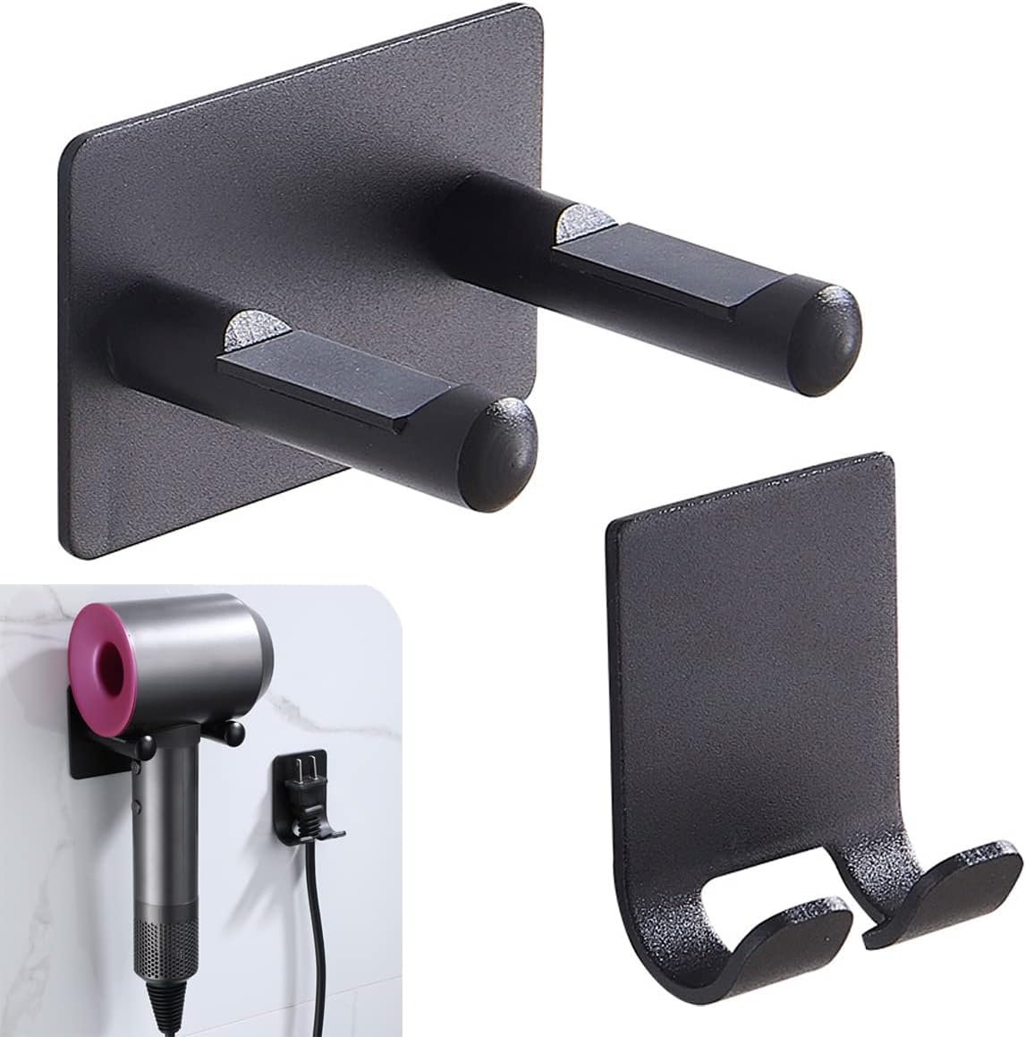 Czarny aluminiowy uchwyt ścienny do suszarki do włosów Dyson z samoprzylepną podstawą.