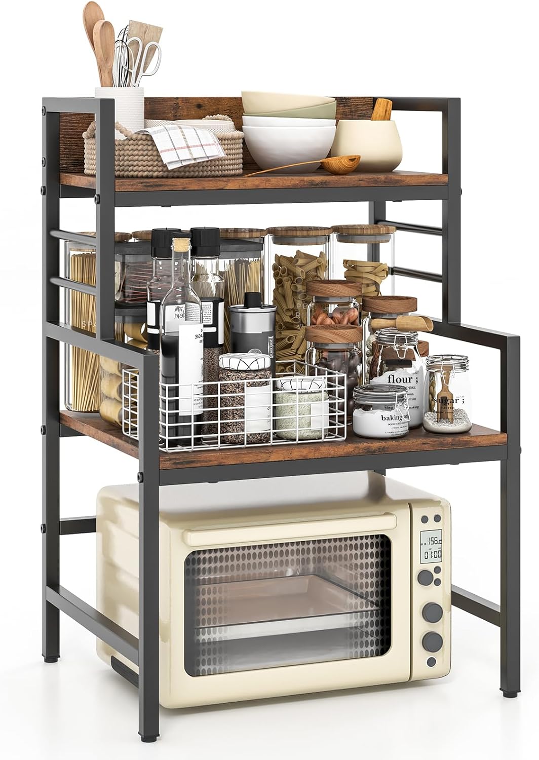 Rozkładany Stojak do Mikrofalówki z 3 Poziomami, Półka do Mikrofalówki z Metalową Ramą, Półka do Przechowywania Przypraw w Kuchni, Mikrofalówka