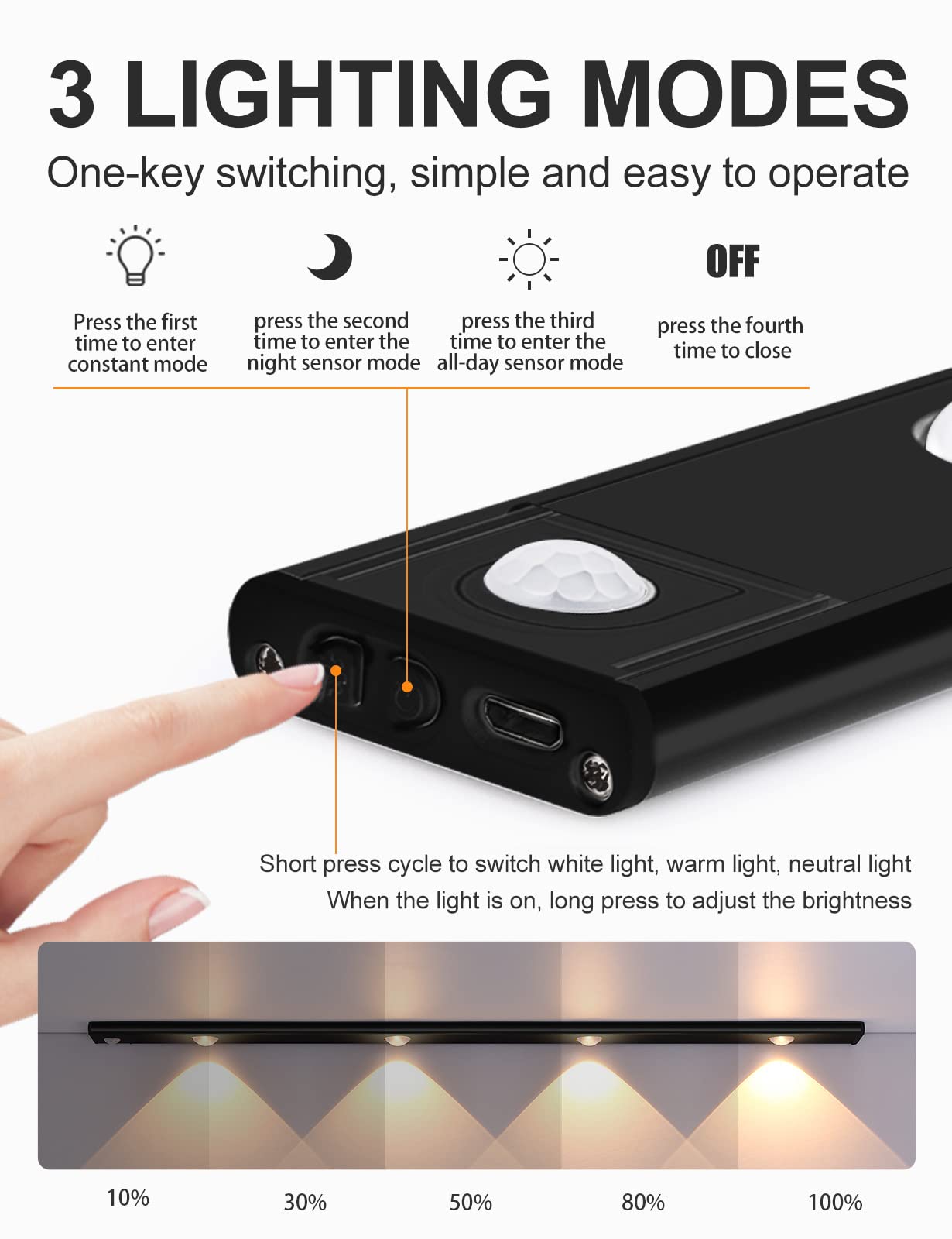 Luce notturna senza fili con sensore di movimento, 18 LED USB ricaricabile con 3 modalità, luce notturna automatica per armadio, cucina, soggiorno, camera da letto, cantina (1 pezzo