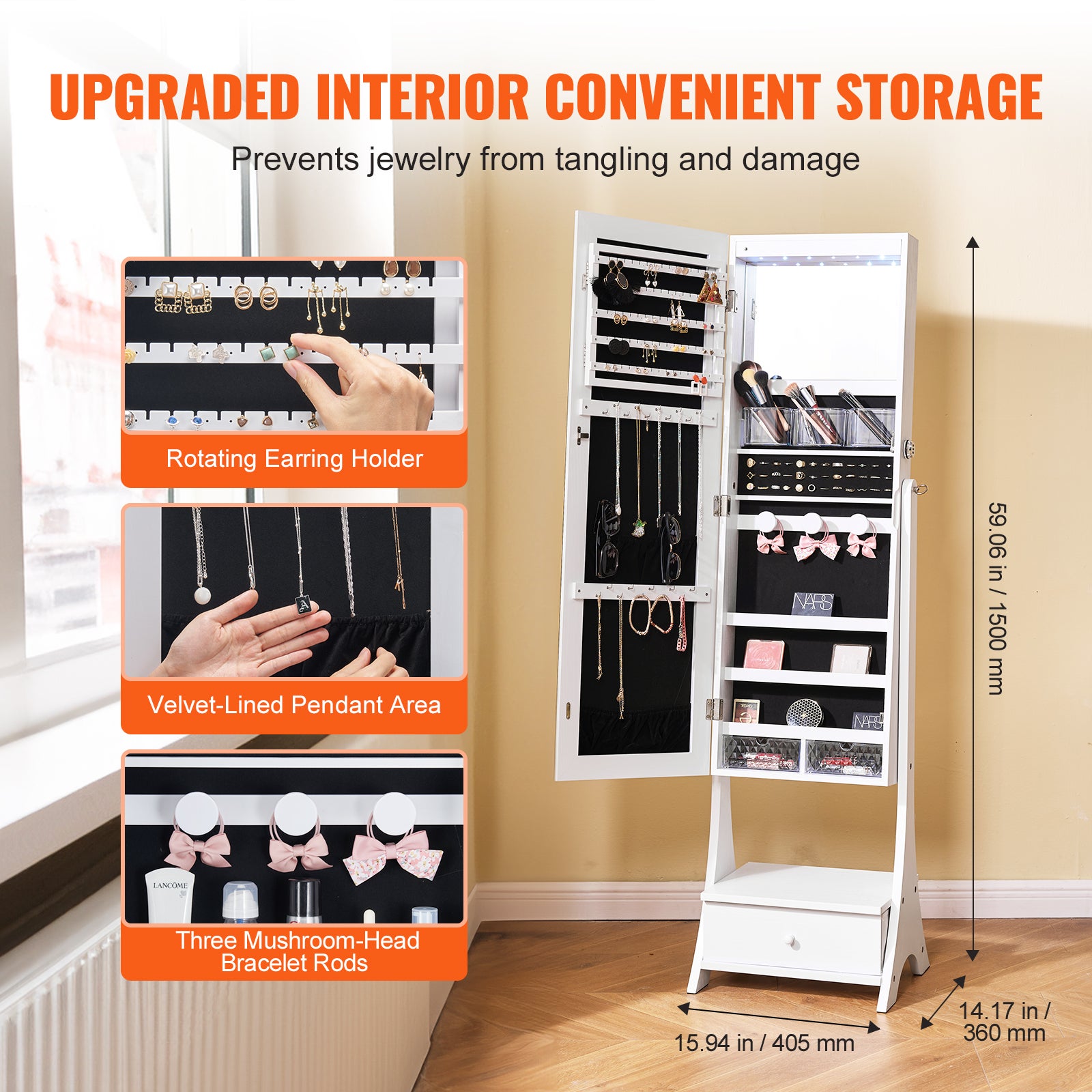 Armoire à Bijoux VEVOR avec Miroir Pleine Longueur, Organisateur sur Pied, Verrouillable, Intérieur LED, Velours, Tiroirs, Blanc - 4