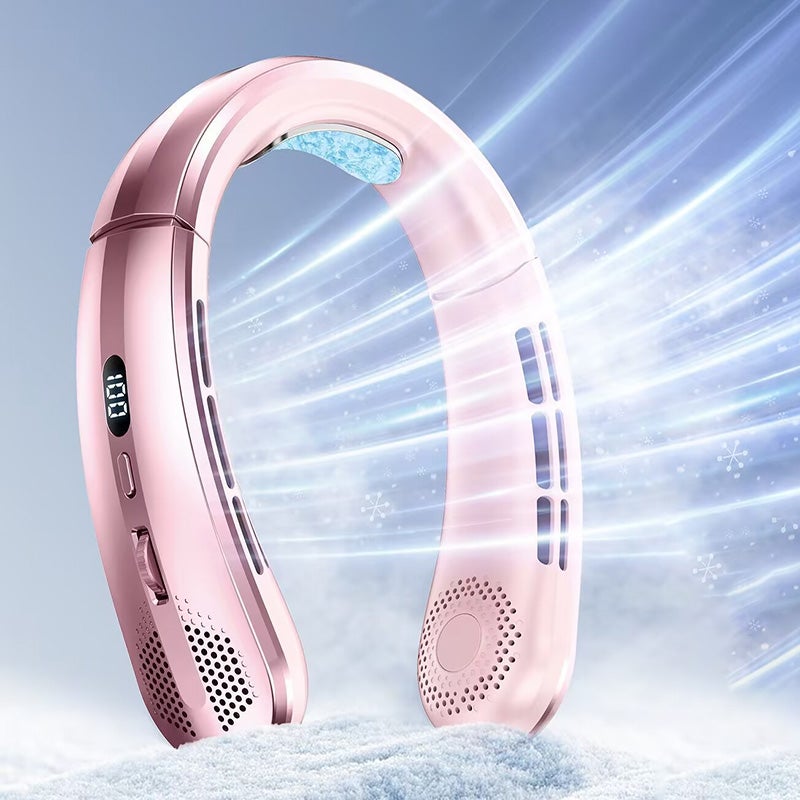 Letni różowy bezlistny wentylator na szyję, ładowanie przez USB, wyświetlacz LED, płynna regulacja prędkości wiatru, odpowiedni do biura