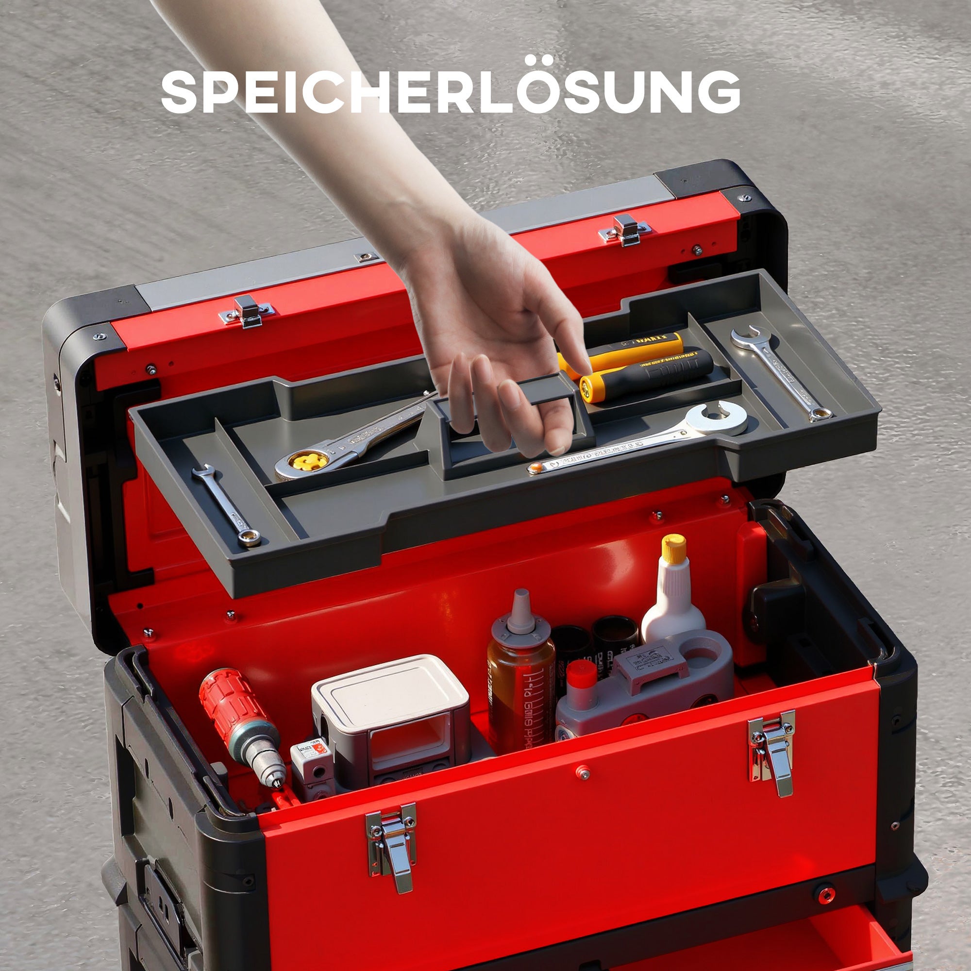 Cassetta portautensili a 3 ripiani con ruote, impilabile, in acciaio e plastica - 6