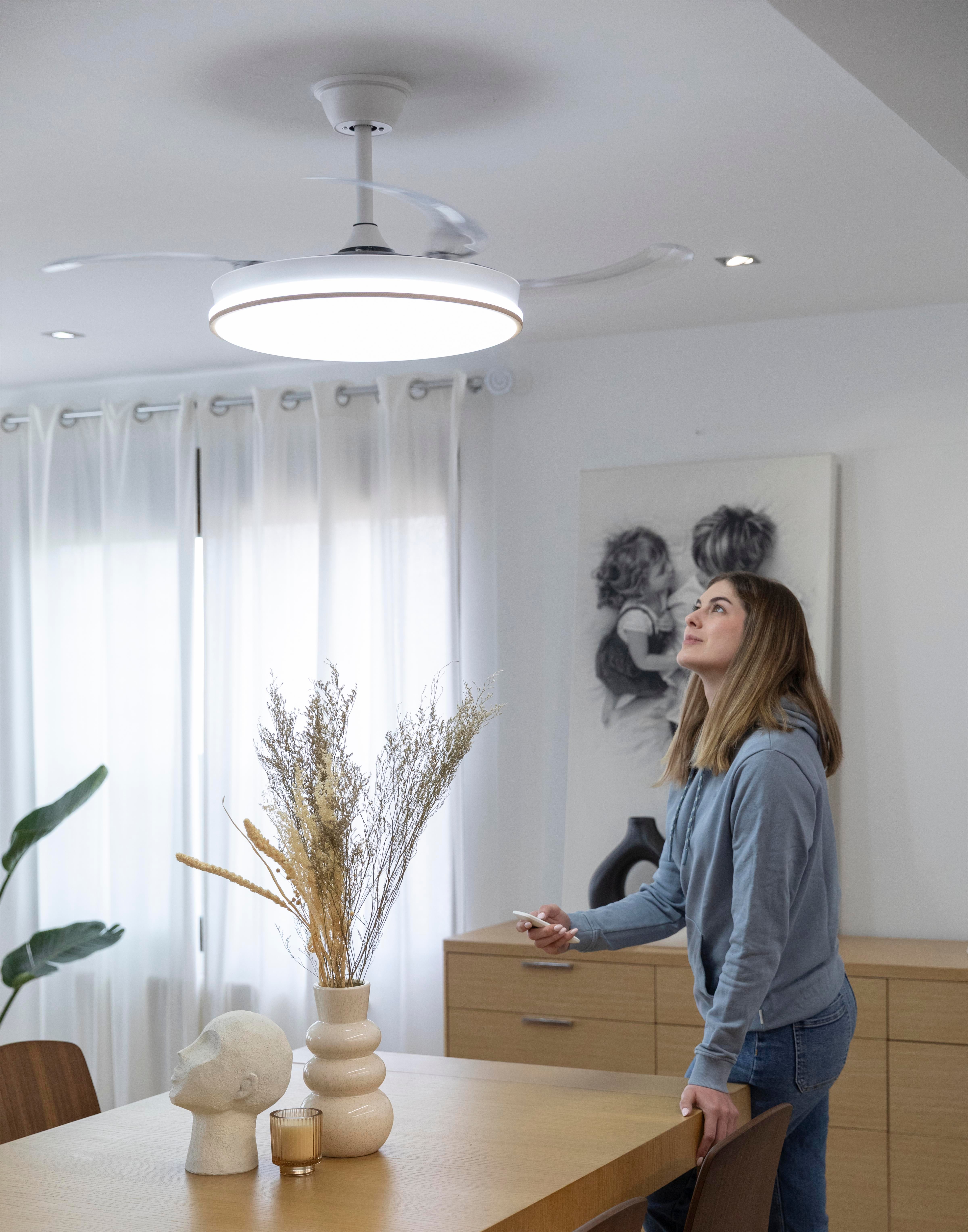 DUPI Ventilador de Techo con Luz LED COSMOS | Motor DC Silencioso | Función Verano e Invierno | 6 Velocidades | Aspas Retráctiles | Blanco-Taupe - 3