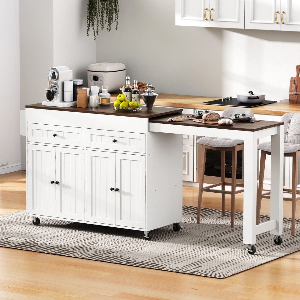 Isla de cocina - 112-180,5 x 45 x 92,2 cm - encimera extensible sobre 7 ruedas con espacio de almacenamiento - blanco y nogal