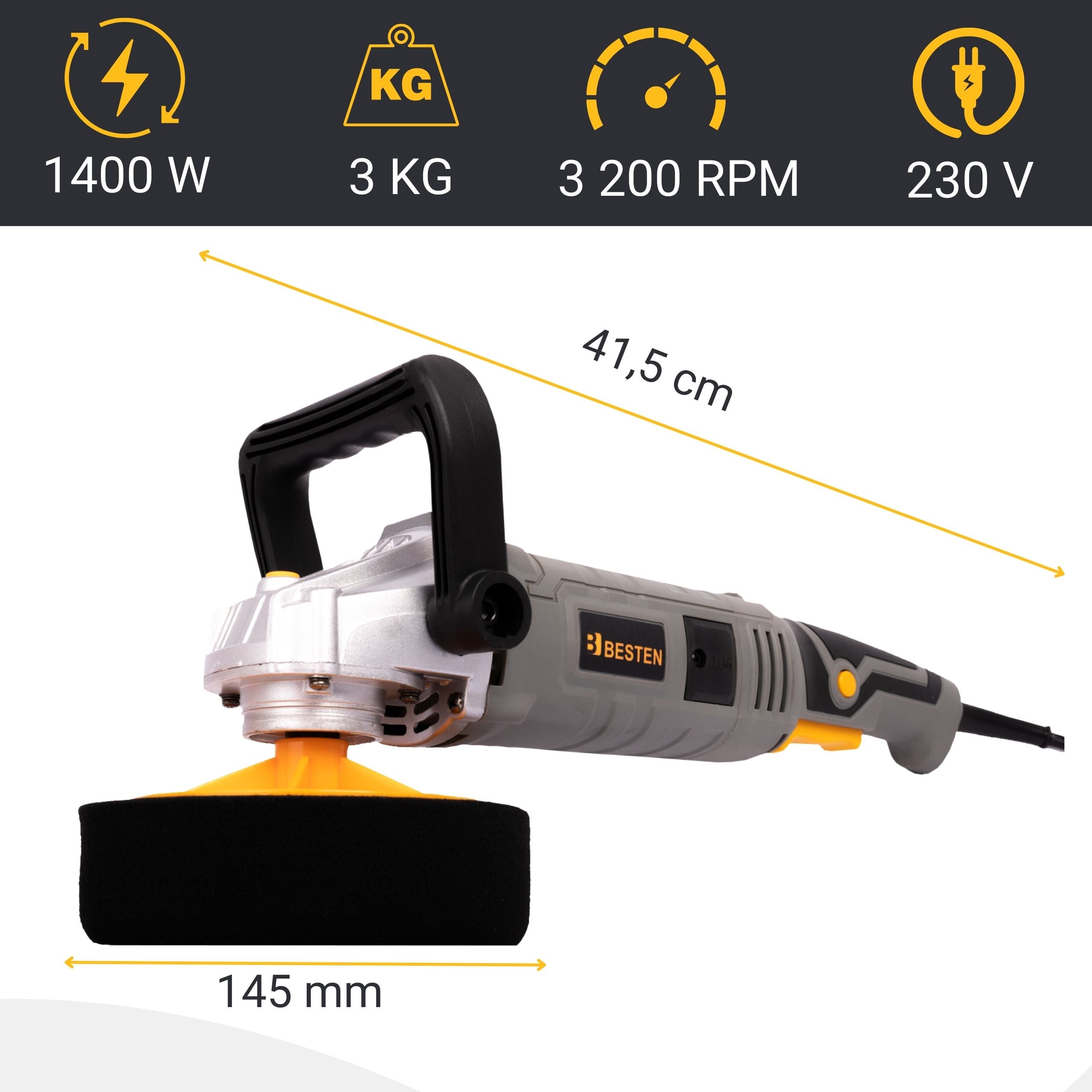 Polisseuse d'angle filaire Ø 180 mm 1400 W variateur de vitesse M14 kit de polissage BESTEN BE-2868 - 2