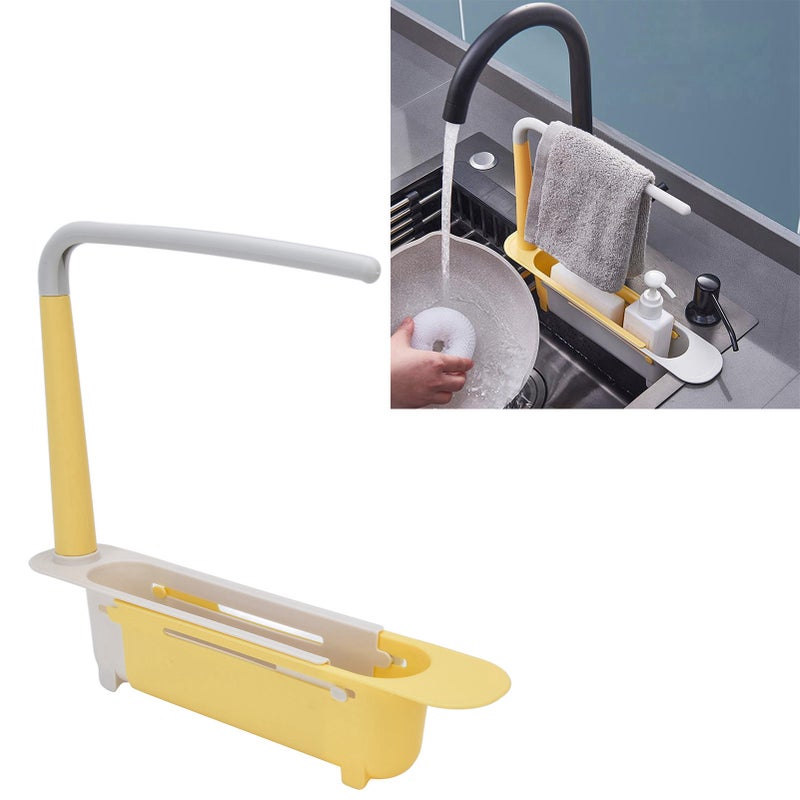 Teleskopowy organizer do zlewu kuchennego, regulowana długość, duża pojemność, wykonany z polipropylenu, rozsuwany, żółty