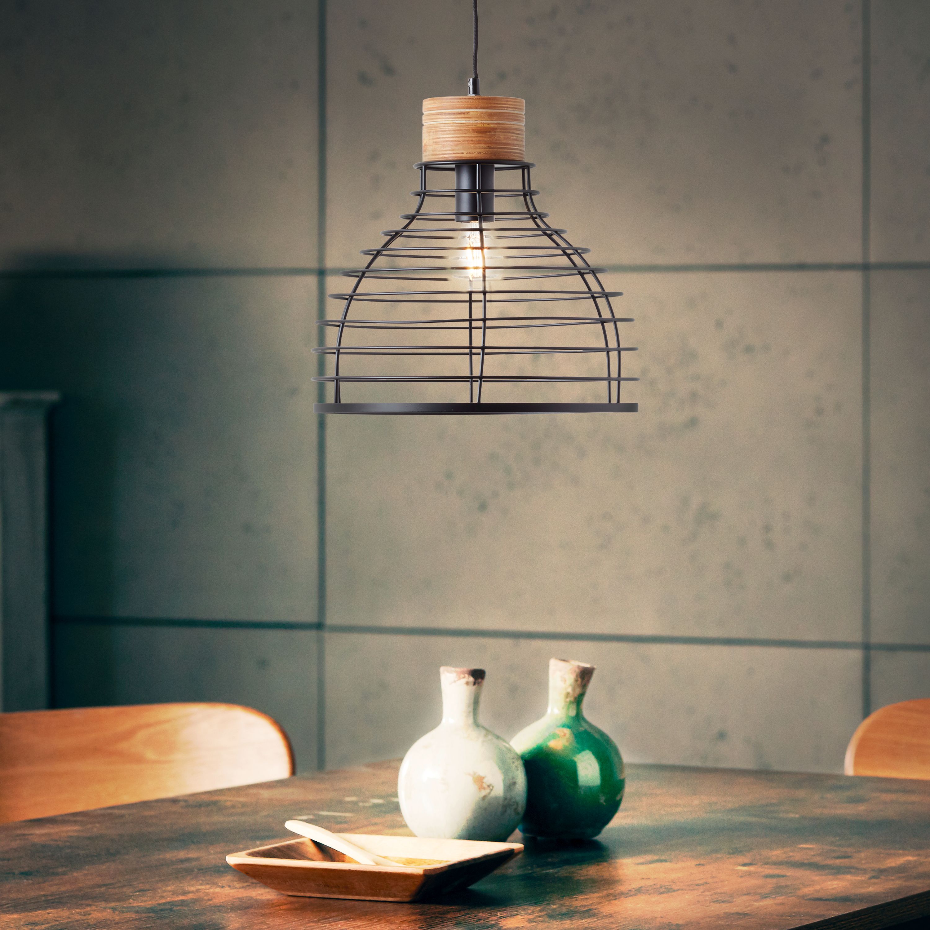 Brilliant Avia lampa wisząca 35cm czarny/drewno, metal/drewno, 1x A60, E27, 52W - 2