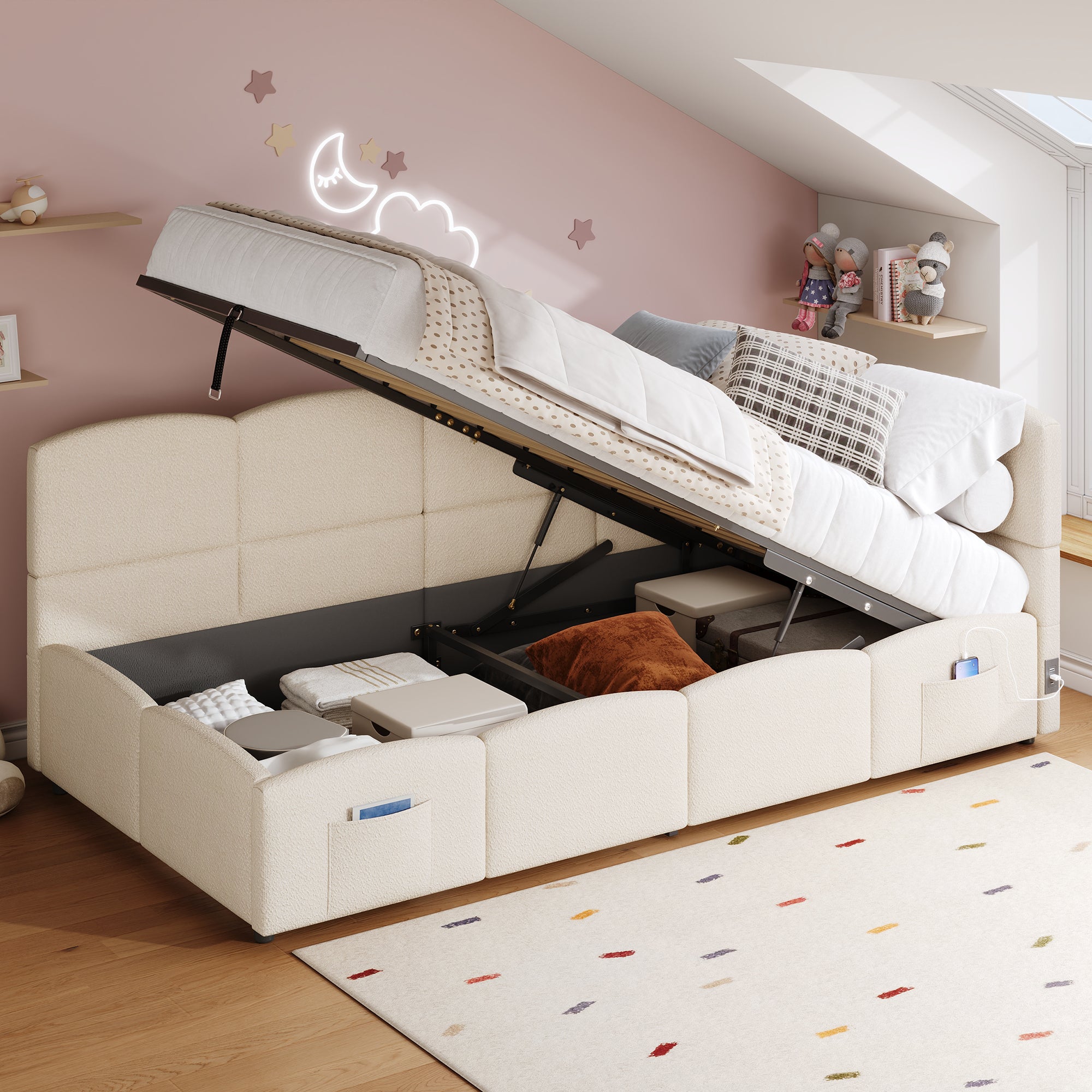 Canapé-lit 1 Personne 90x200 Cm Avec Lumières LED Et Ports USB | 2 Tiroirs De Rangement, Sommier Lattes | Velours Beige, Sans Matelas - 2